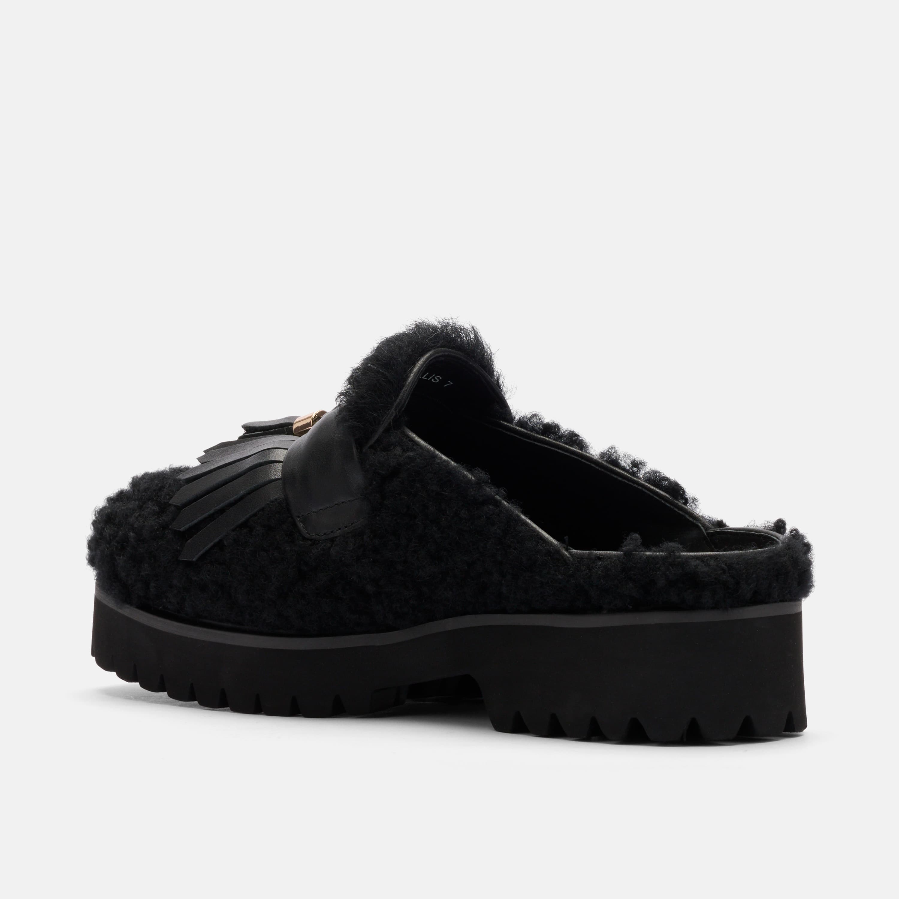 Hollis Black Shearling Tassel Mule