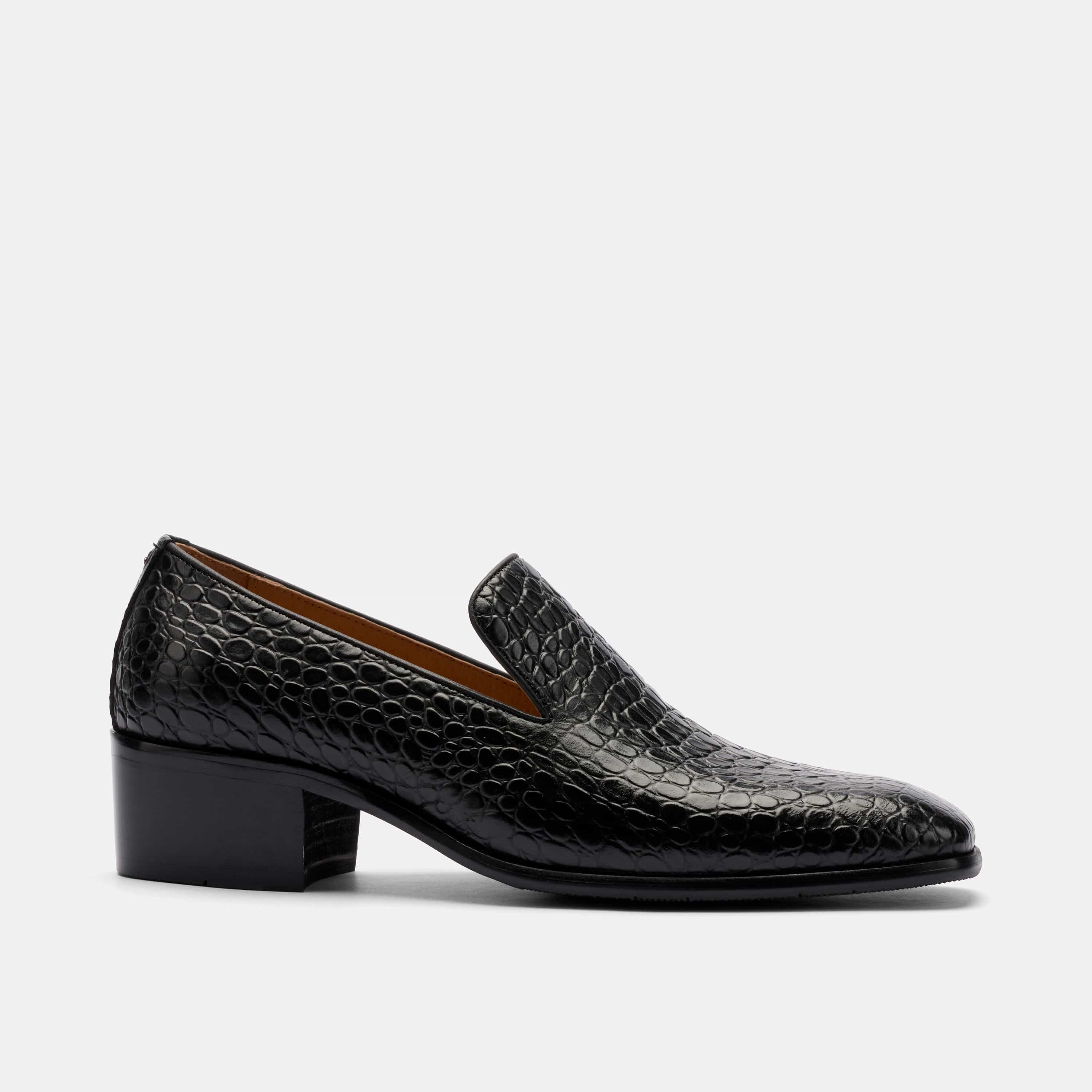 Hugo Black Croc Leather Cuban Heel Loafer