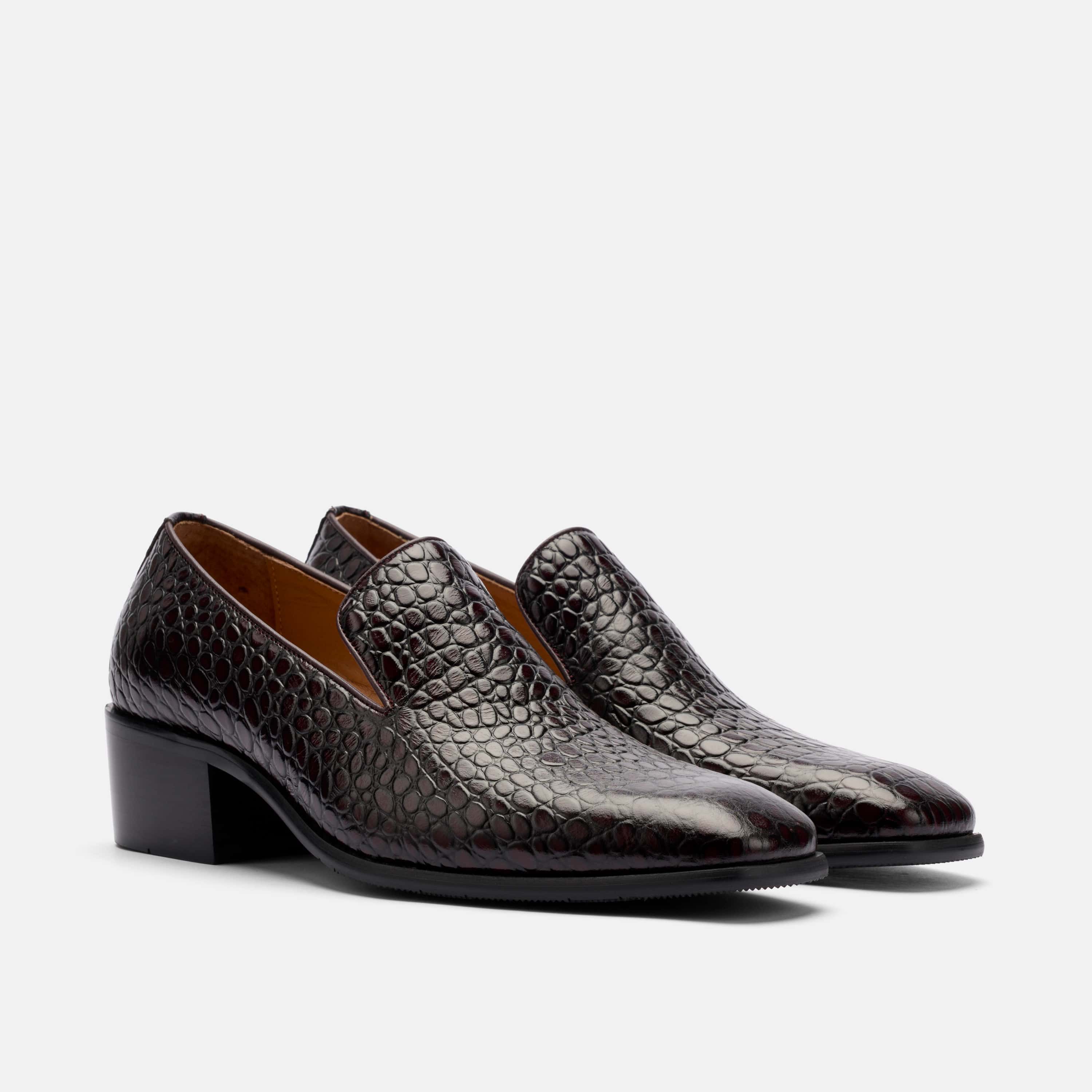 Hugo Mahogany Croc Leather Cuban Heel Loafer