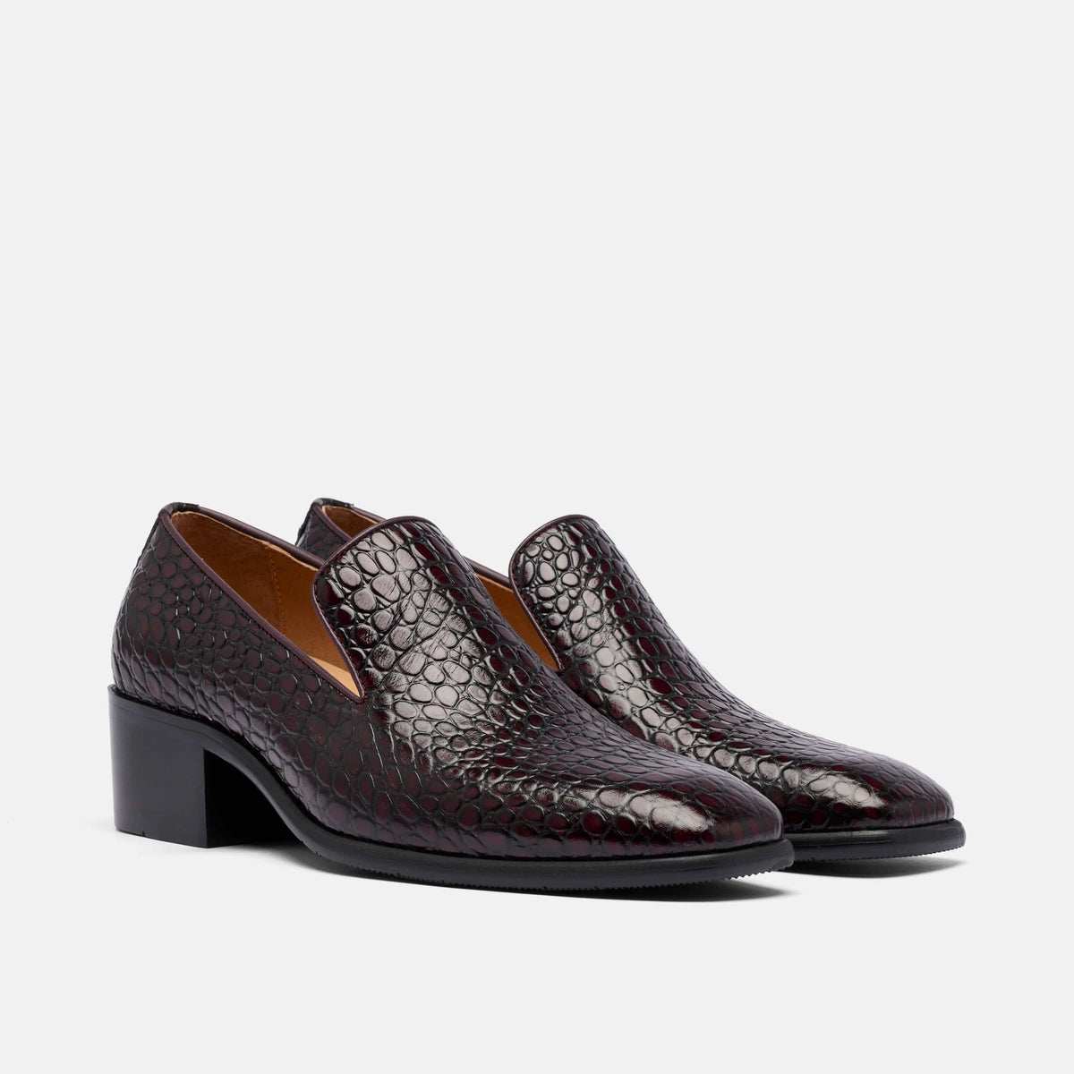 Hugo Mahogany Croc Leather Cuban Heel Loafer