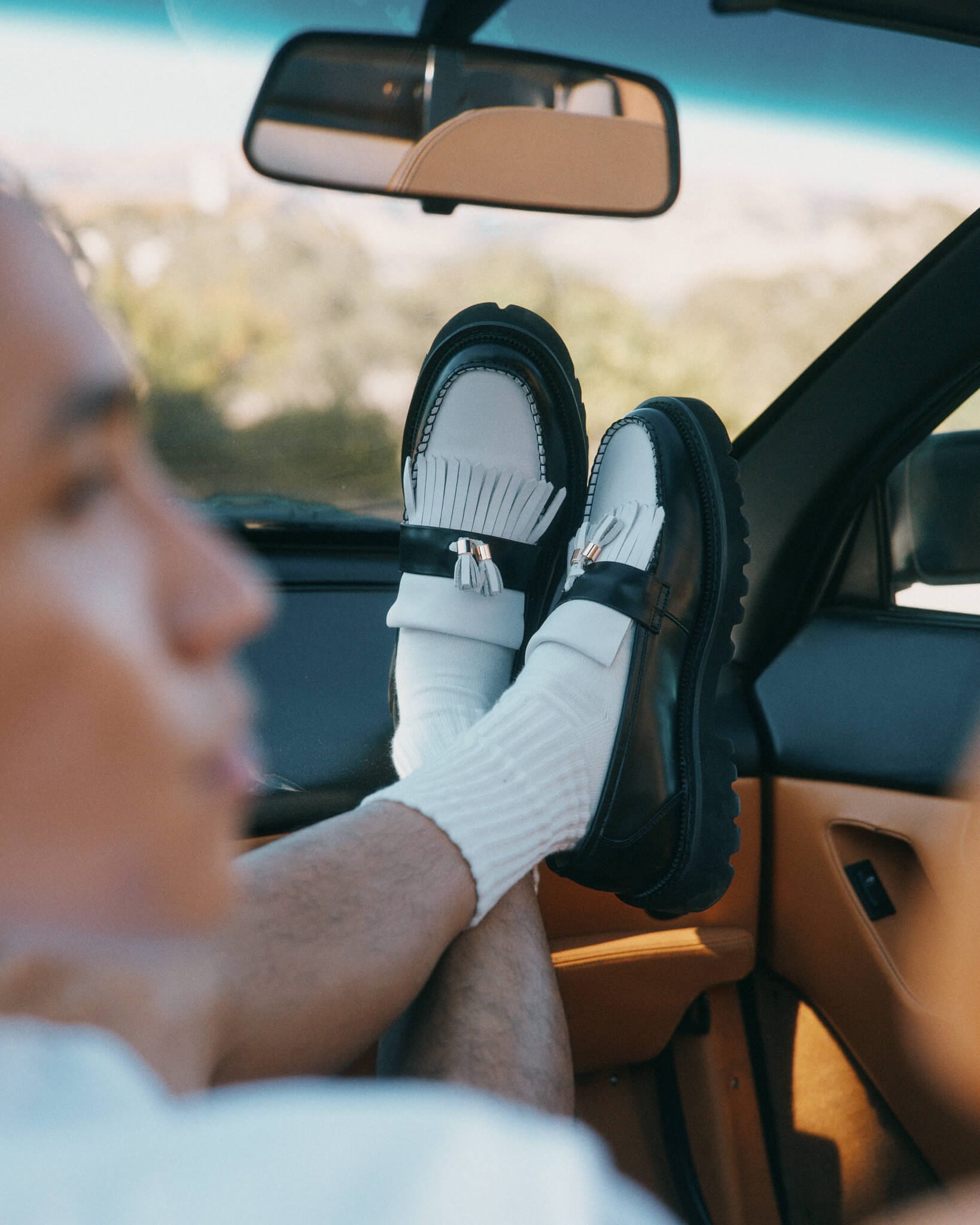 Journey Black/White Leather Lug Tassel Loafer