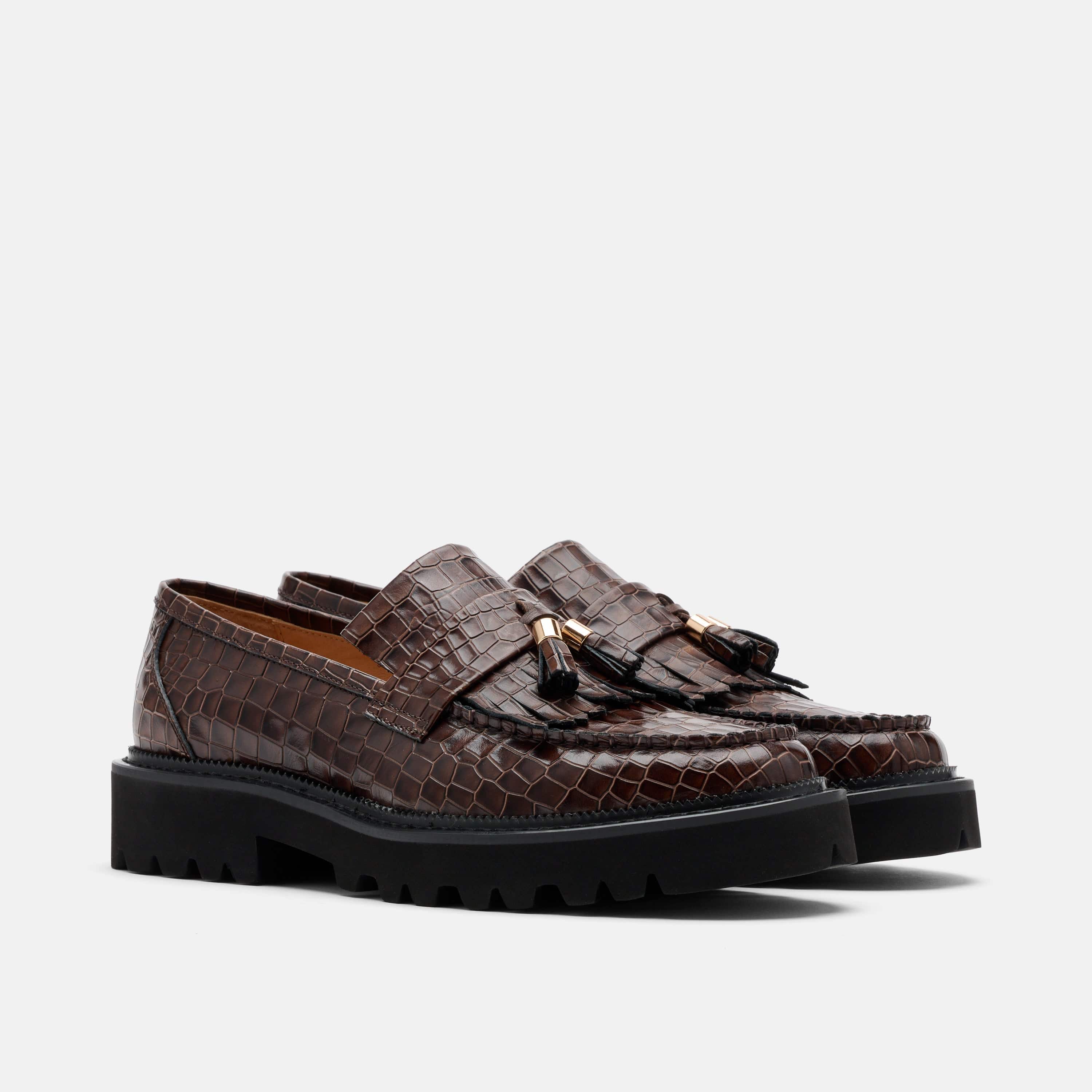 Journey Brown Croc Leather Lug Tassel Loafer