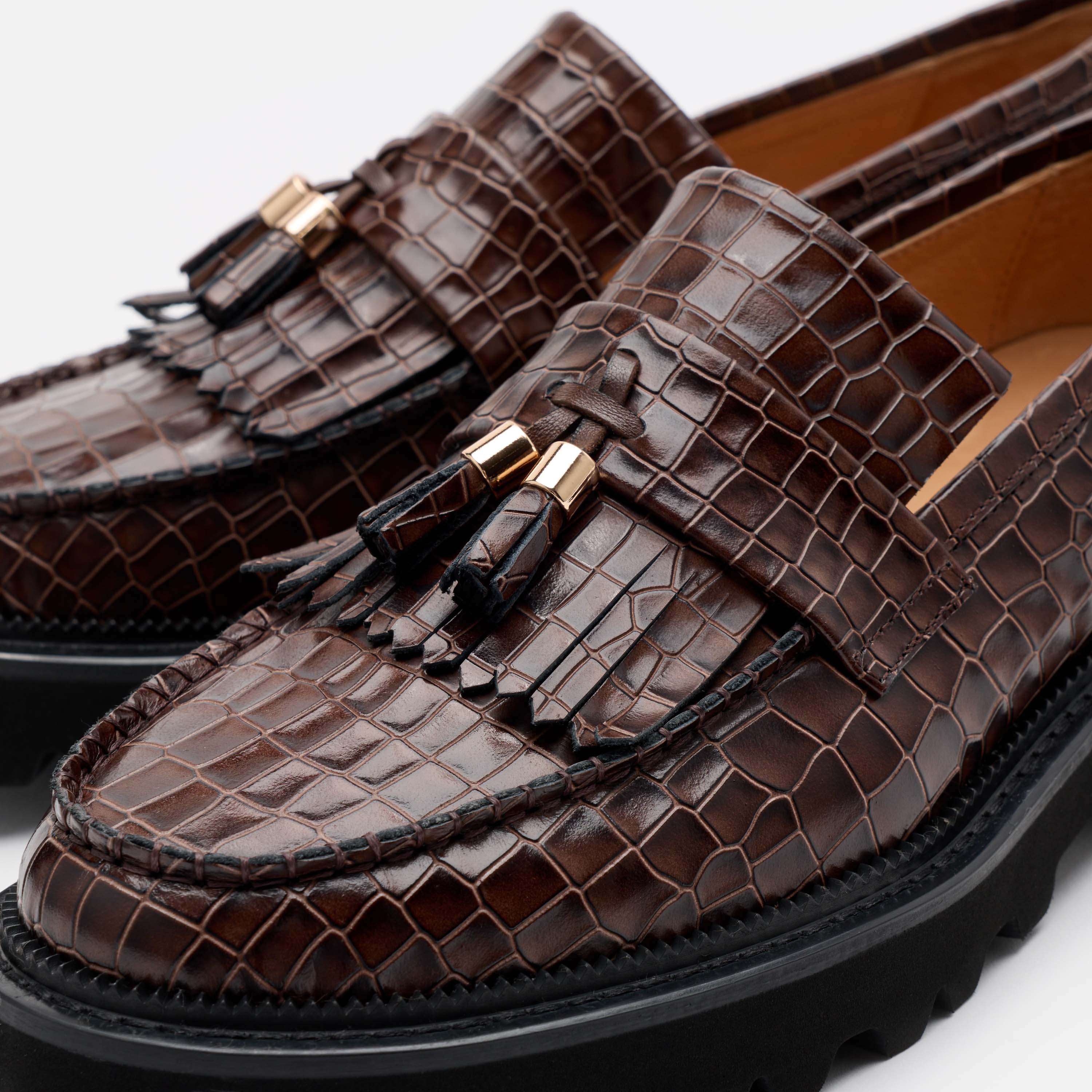 Journey Brown Croc Leather Lug Tassel Loafer