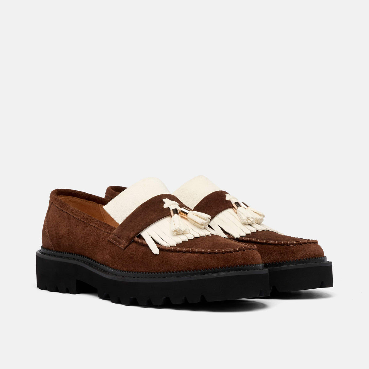 Journey Brown/White Suede Lug Tassel Loafer