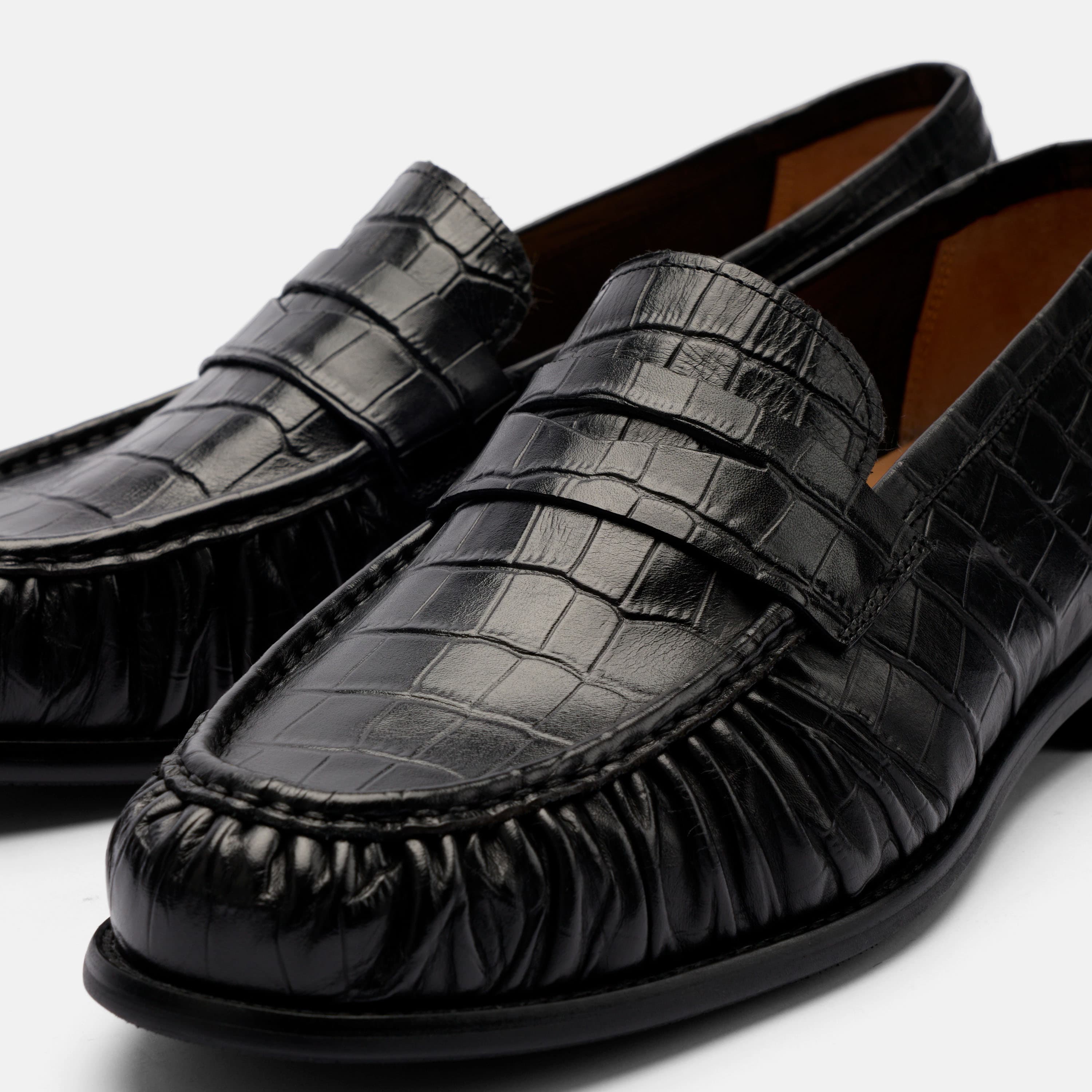 Kennedy Black Croc Pleated Leather Penny Loafers