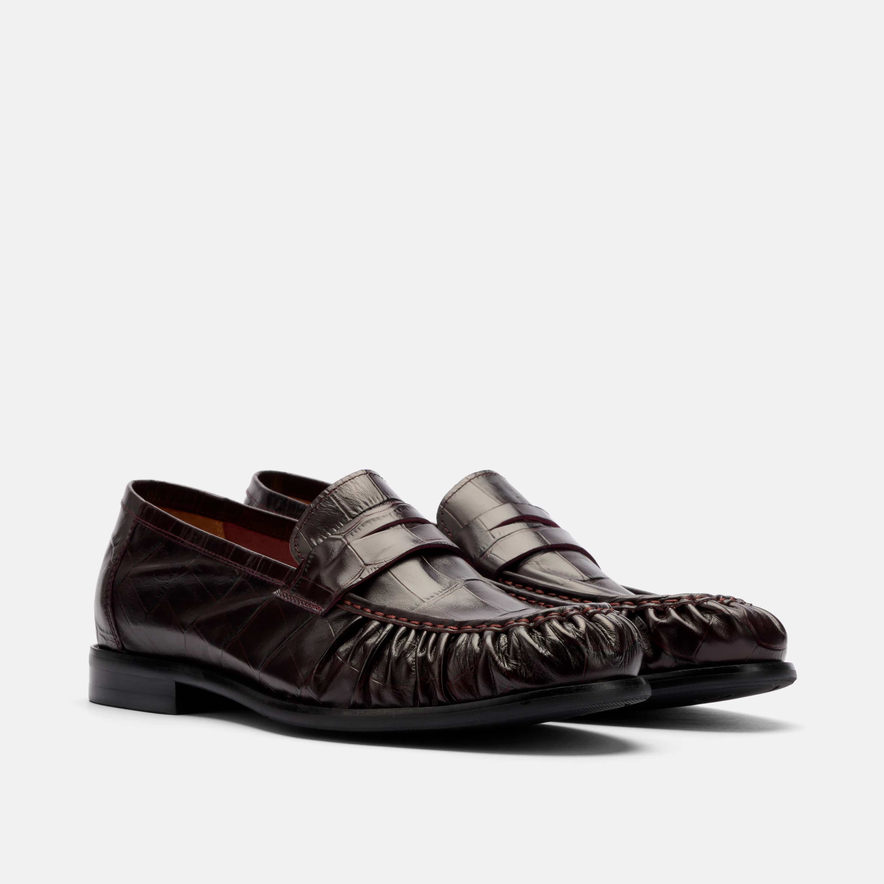 Kennedy Burgundy Croc Pleated Leather Penny Loafers