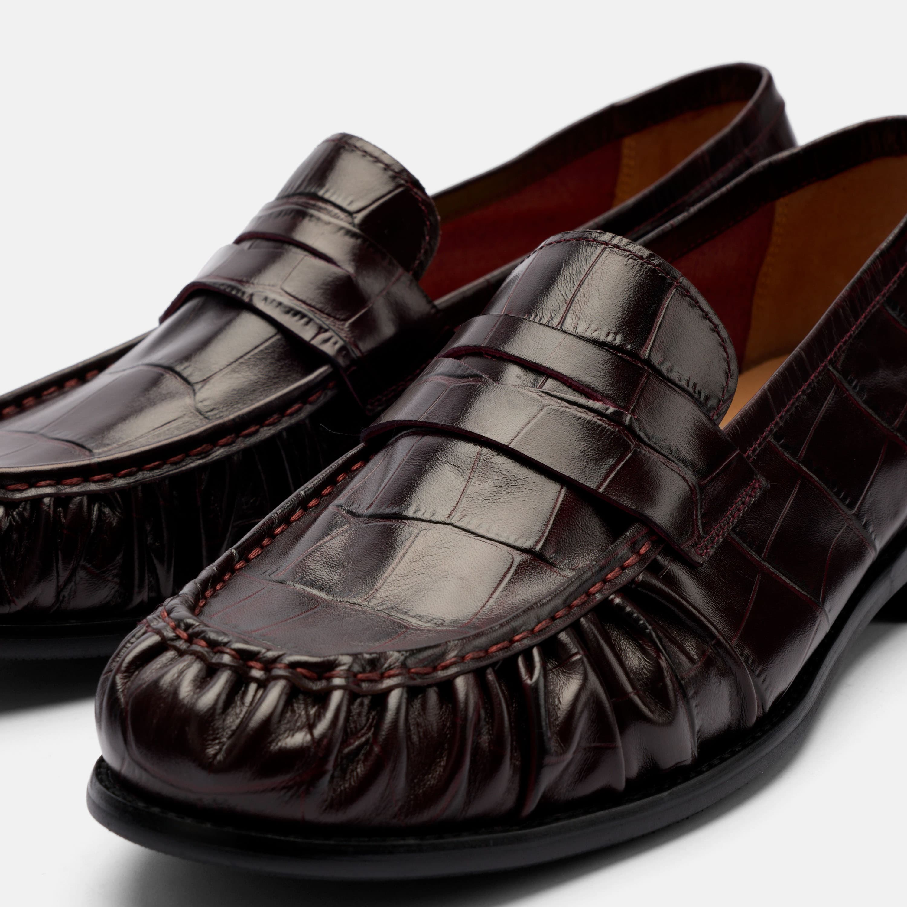 Kennedy Burgundy Croc Pleated Leather Penny Loafers
