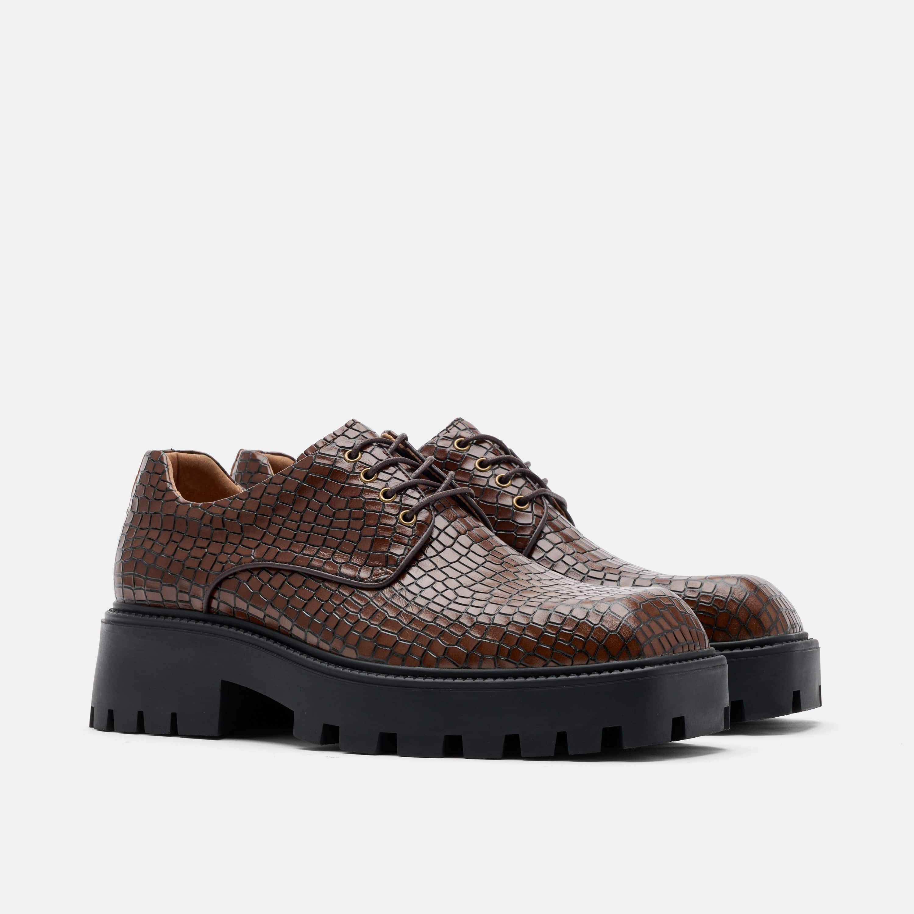 Kryos Brown Croc Leather Lug Derbys