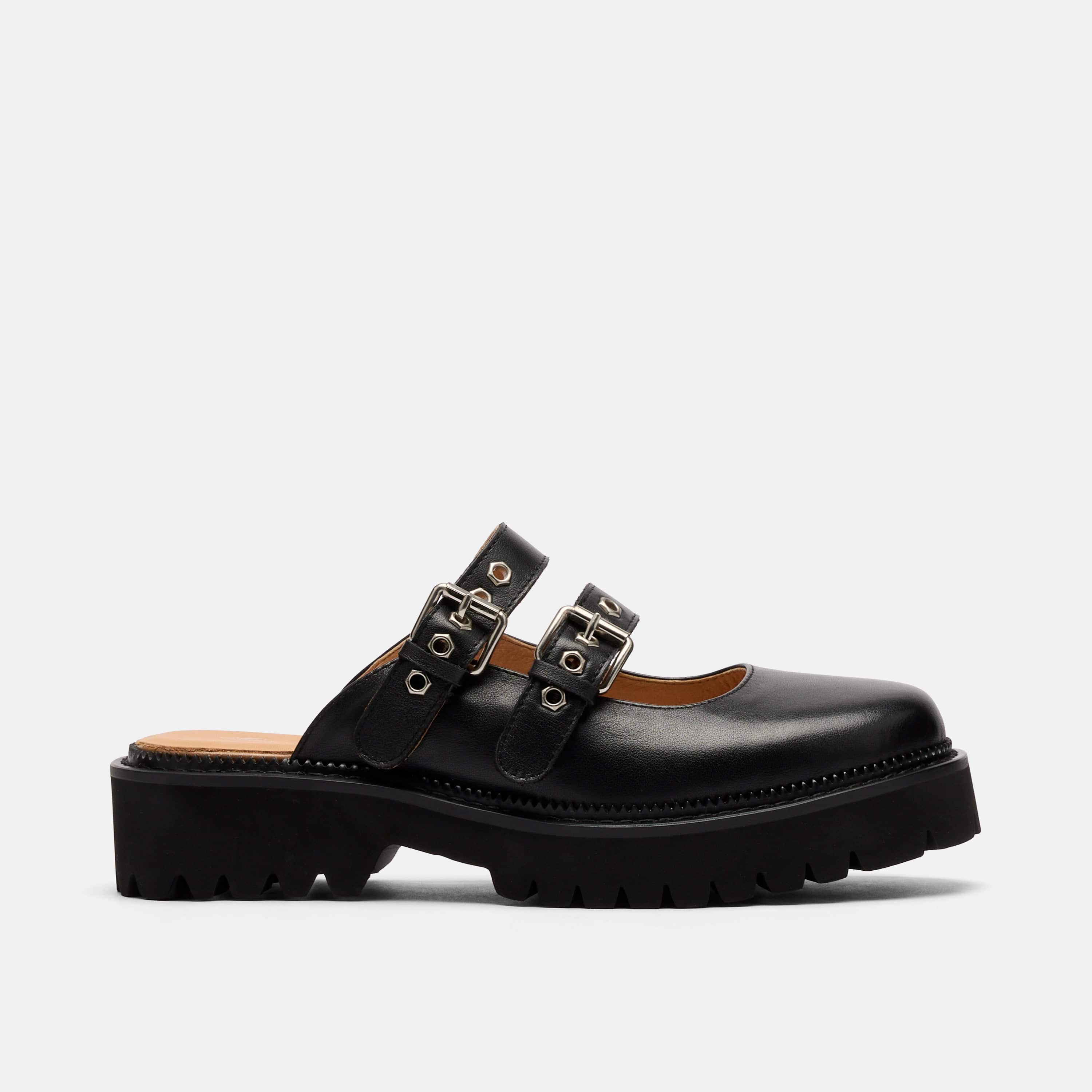 Lexi Black Leather Double Buckle Mule