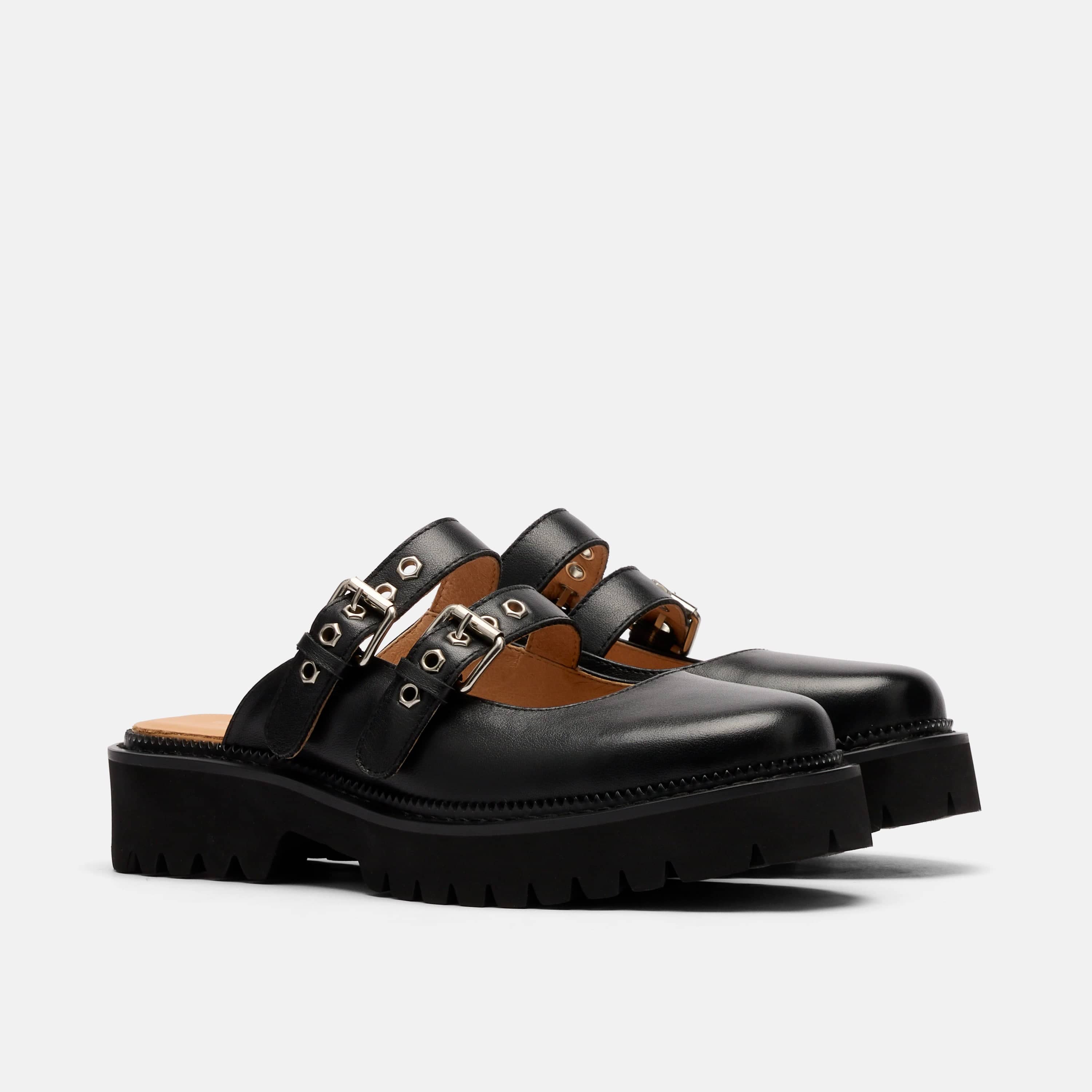 Lexi Black Leather Double Buckle Mule