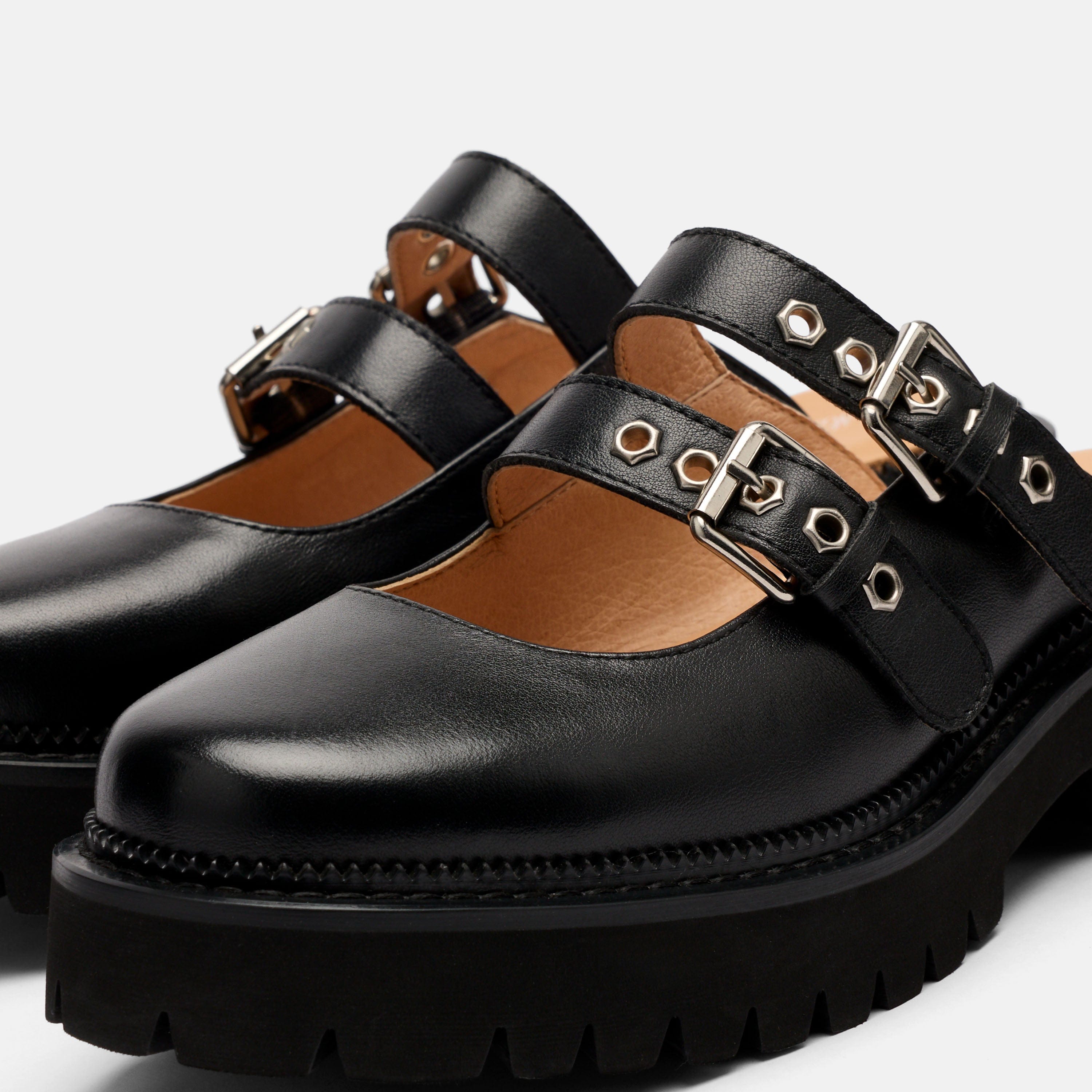 Lexi Black Leather Double Buckle Mule