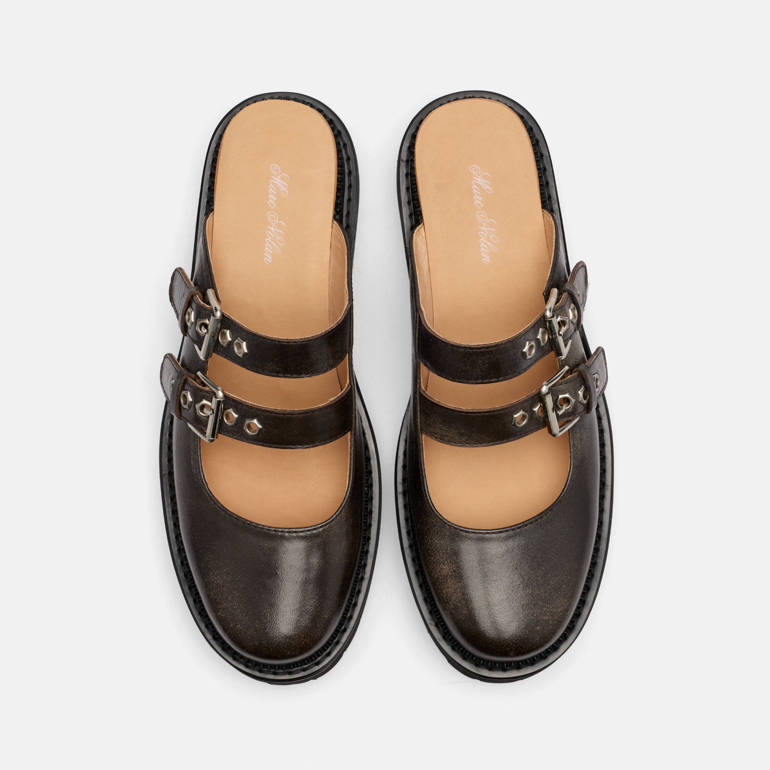 Lexi Brown Distressed Leather Double Buckle Mules