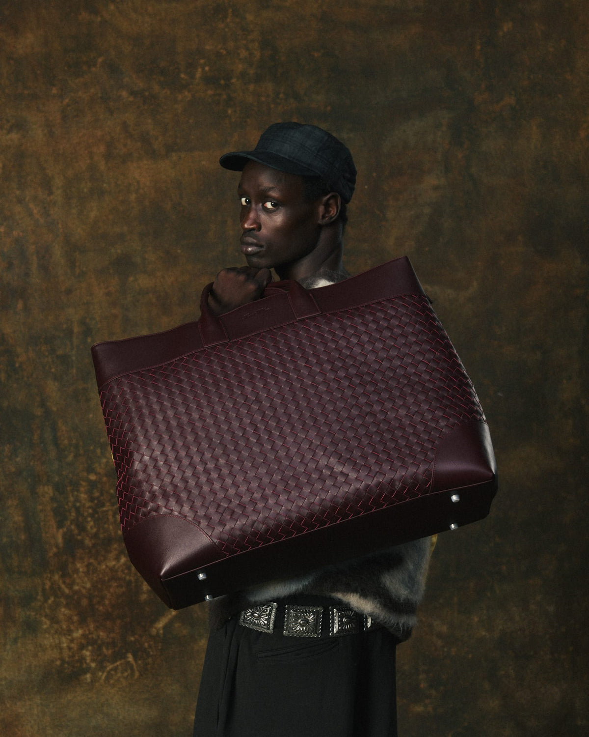 Marc Nolan Large Woven Leather Weekender - Oxblood