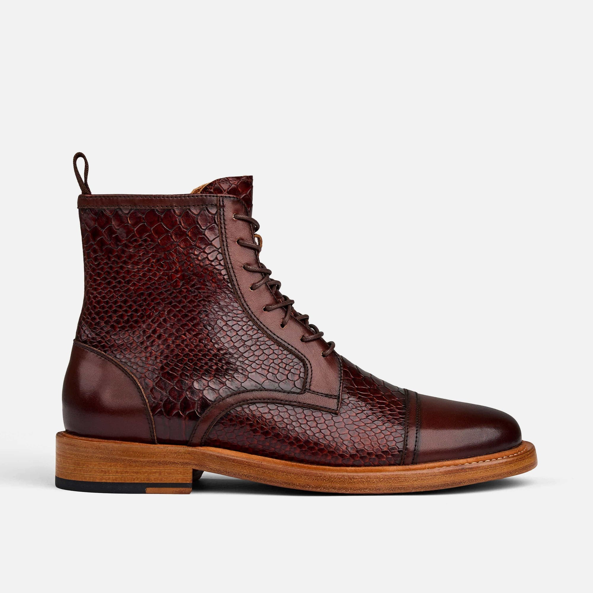 Mahogany Snakeskin Leather Cap Toe Boots