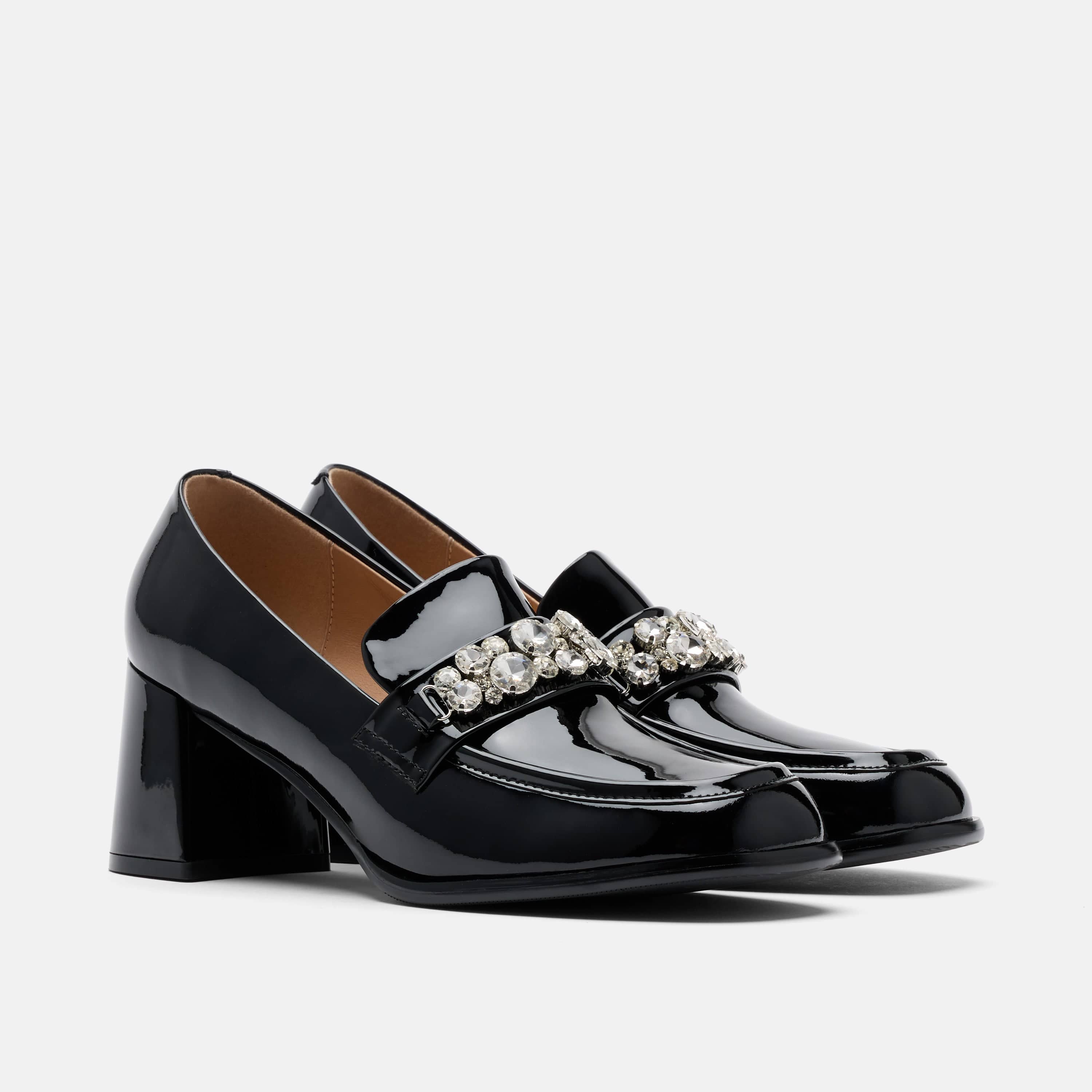 Margot Black Patent Leather Penny Loafer Block Pumps