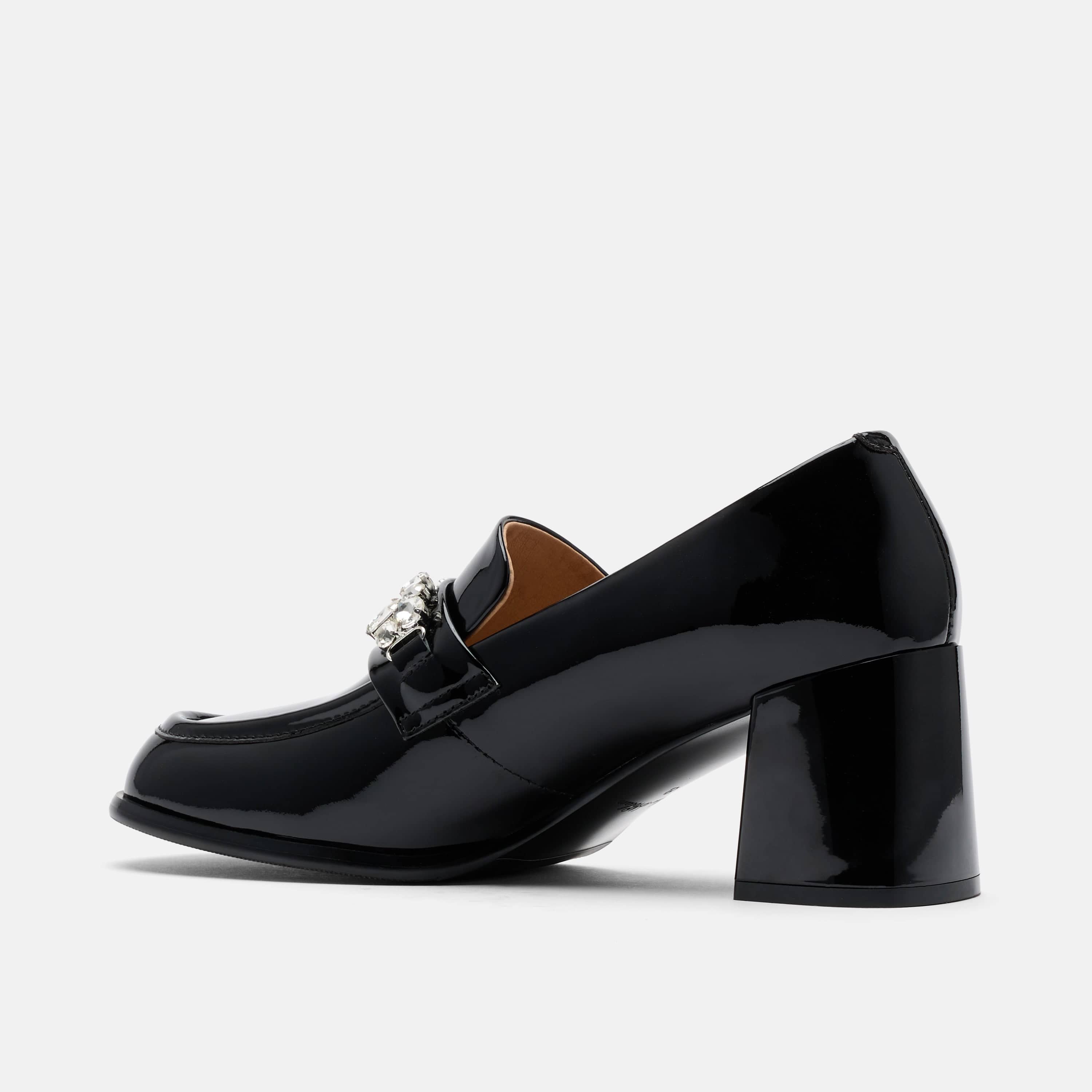 Margot Black Patent Leather Penny Loafer Block Pumps