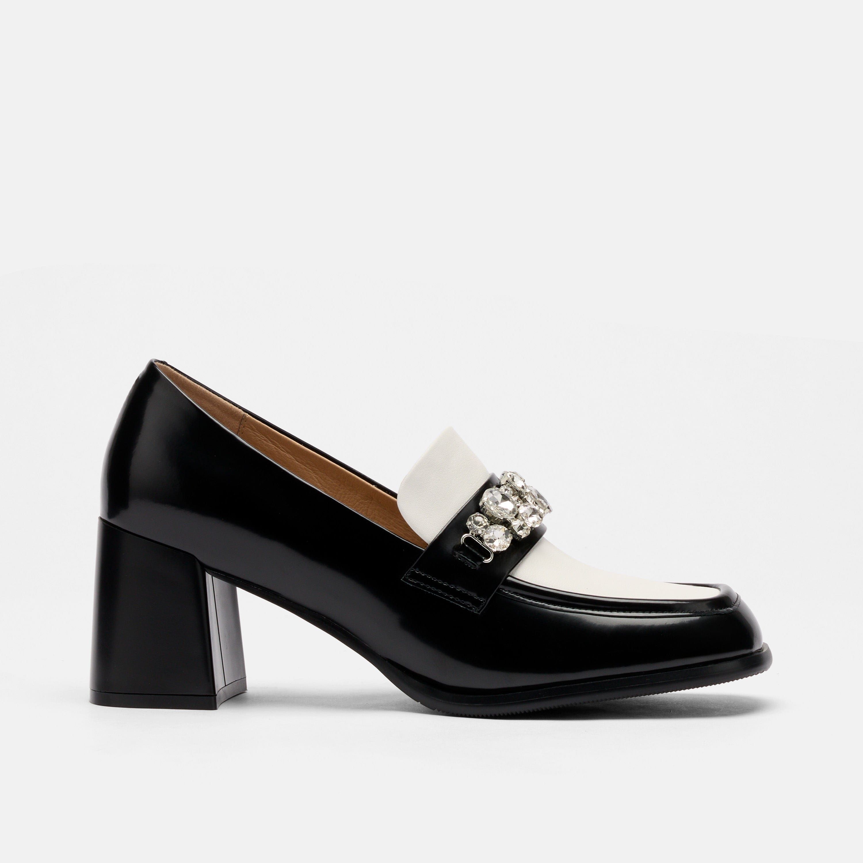 Margot Black/White Patent Leather Penny Loafer Block Pumps