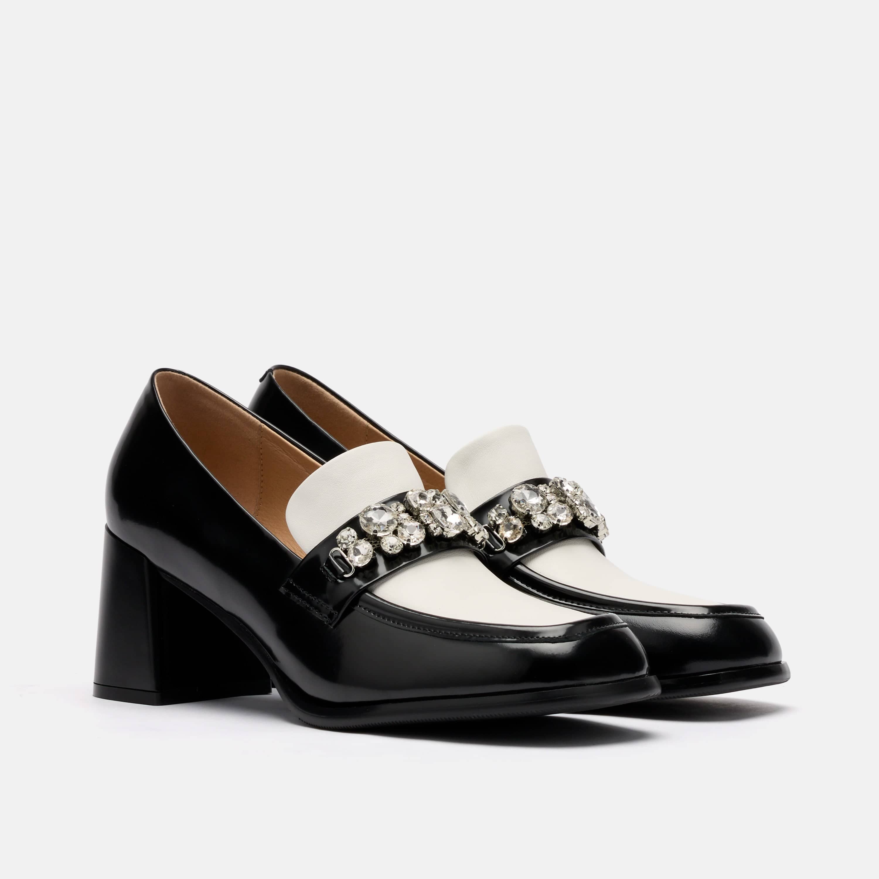 Margot Black/White Patent Leather Penny Loafer Block Pumps