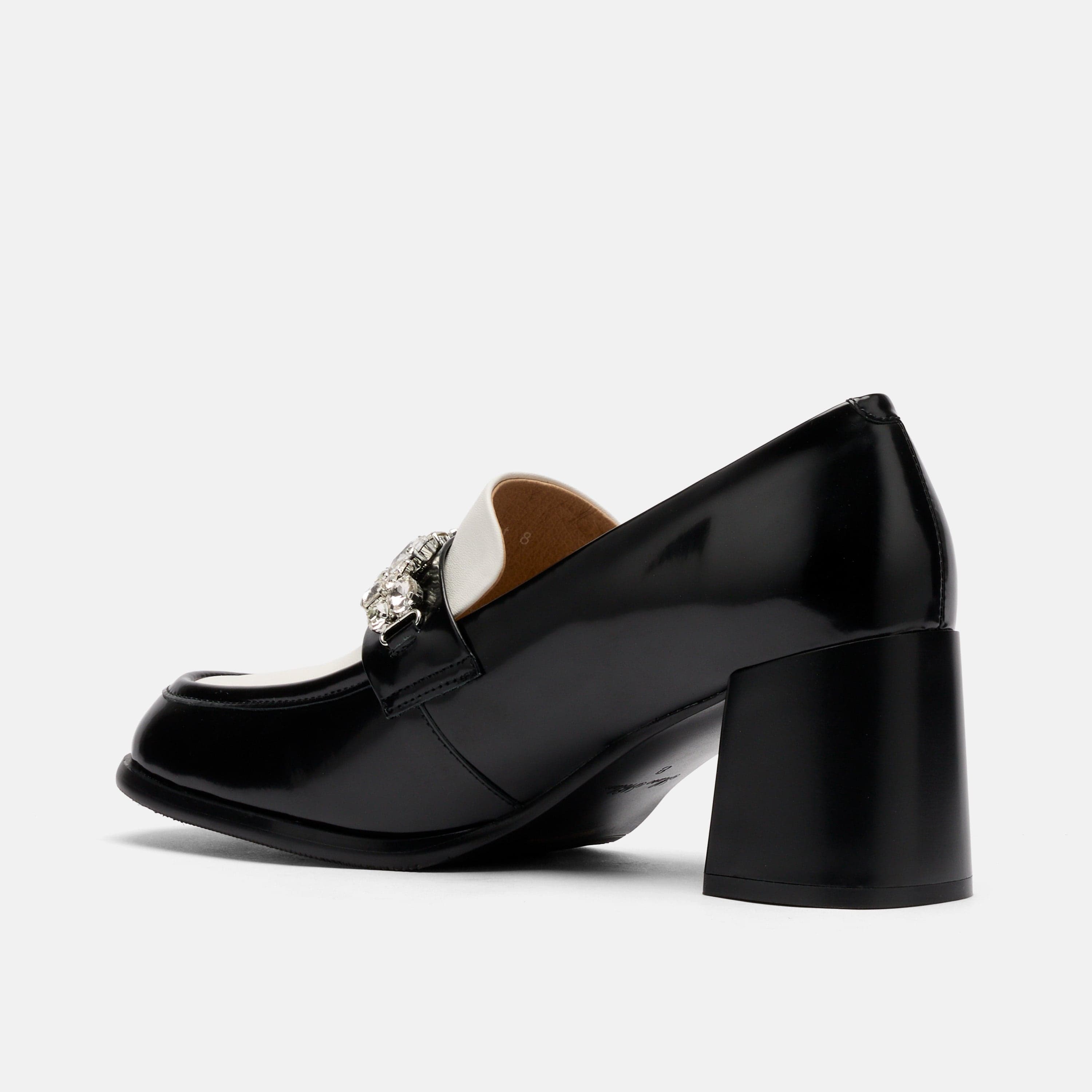 Margot Black/White Patent Leather Penny Loafer Block Pumps