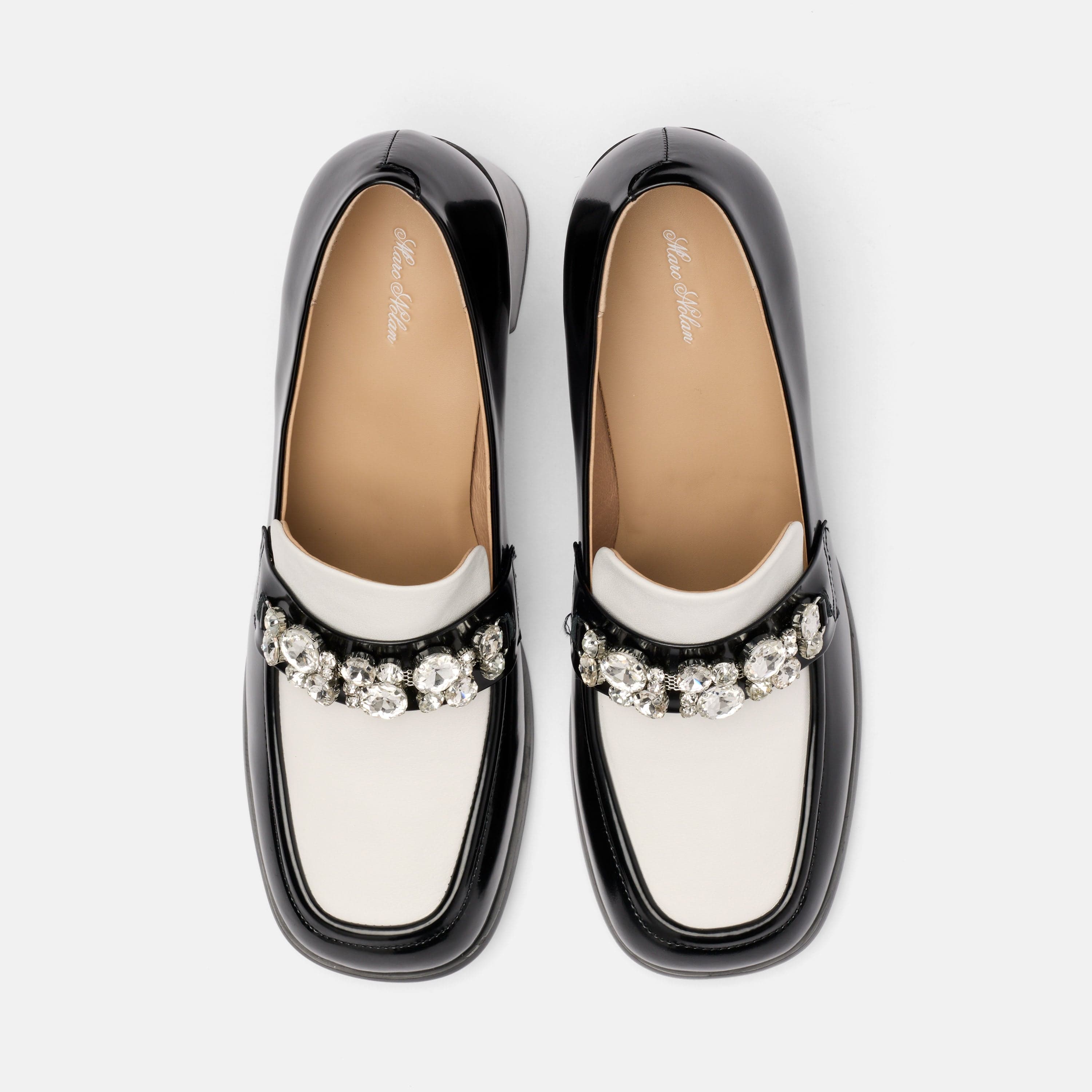 Margot Black/White Patent Leather Penny Loafer Block Pumps