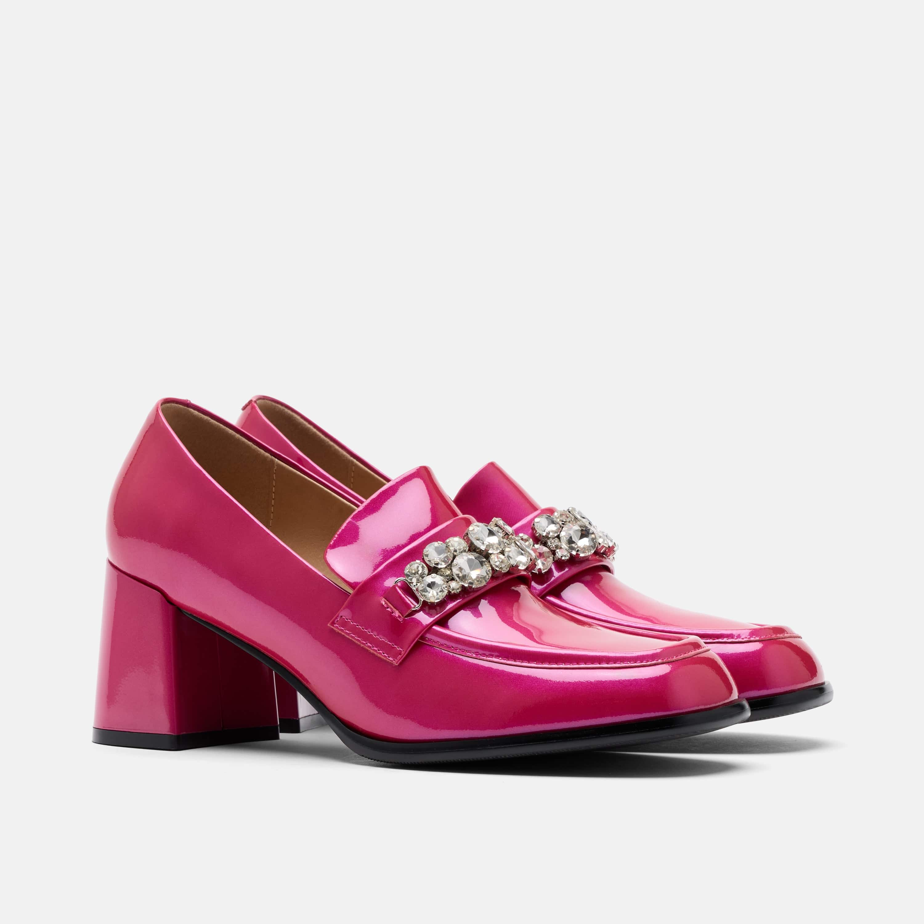 Margot Magenta Patent Leather Penny Loafer Block Pumps