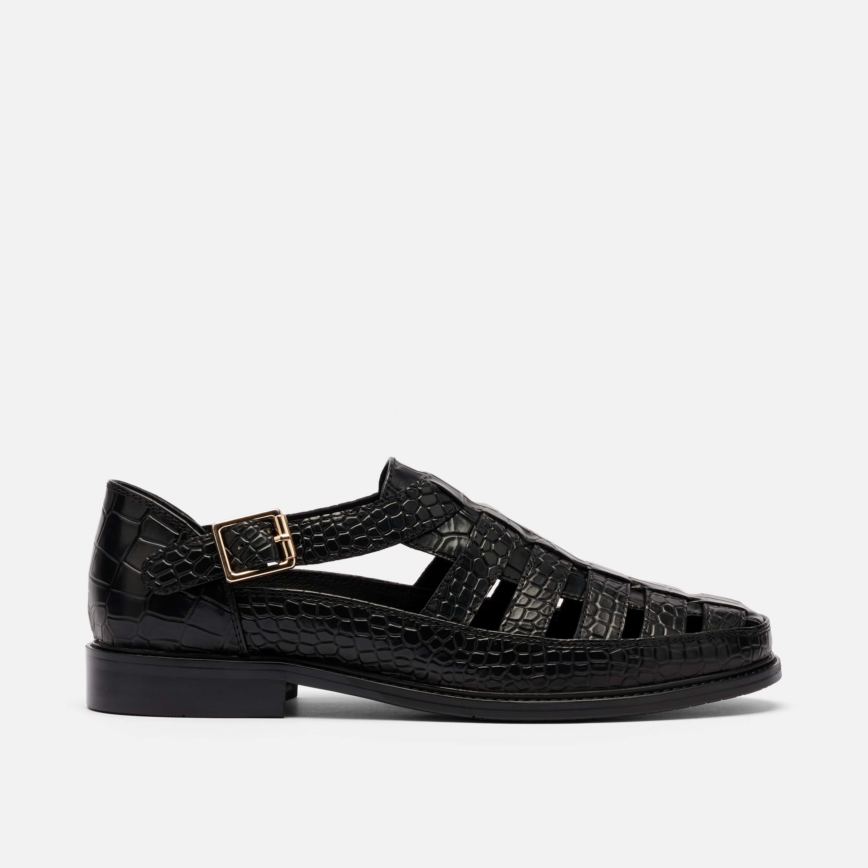 Mariner Black Crocskin Leather Fisherman Sandals
