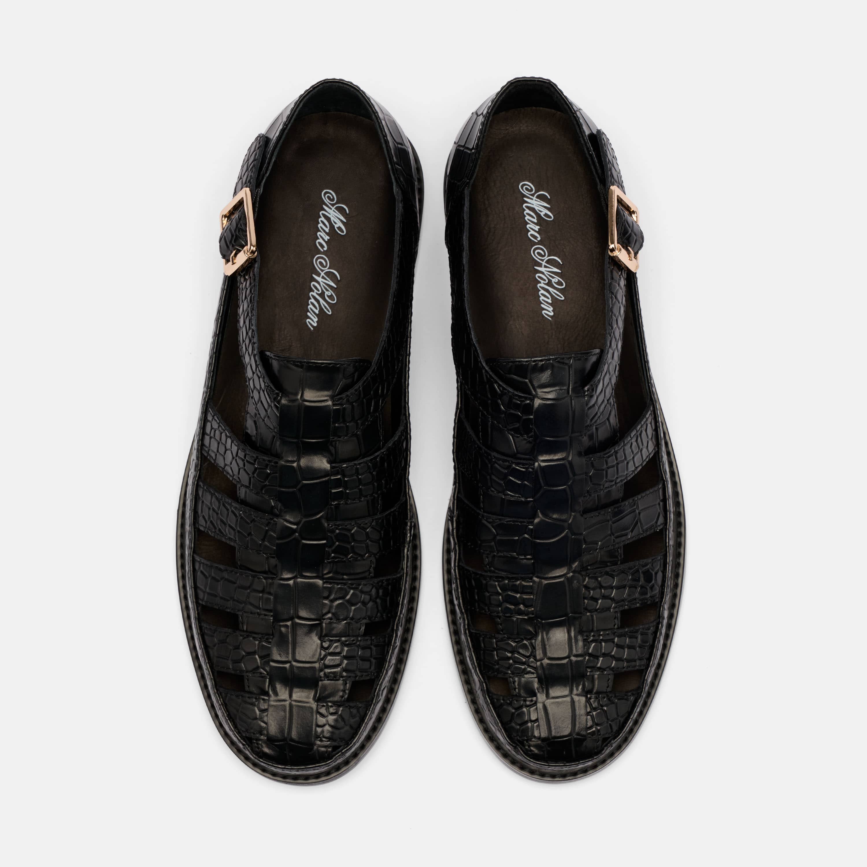 Mariner Black Crocskin Leather Fisherman Sandals
