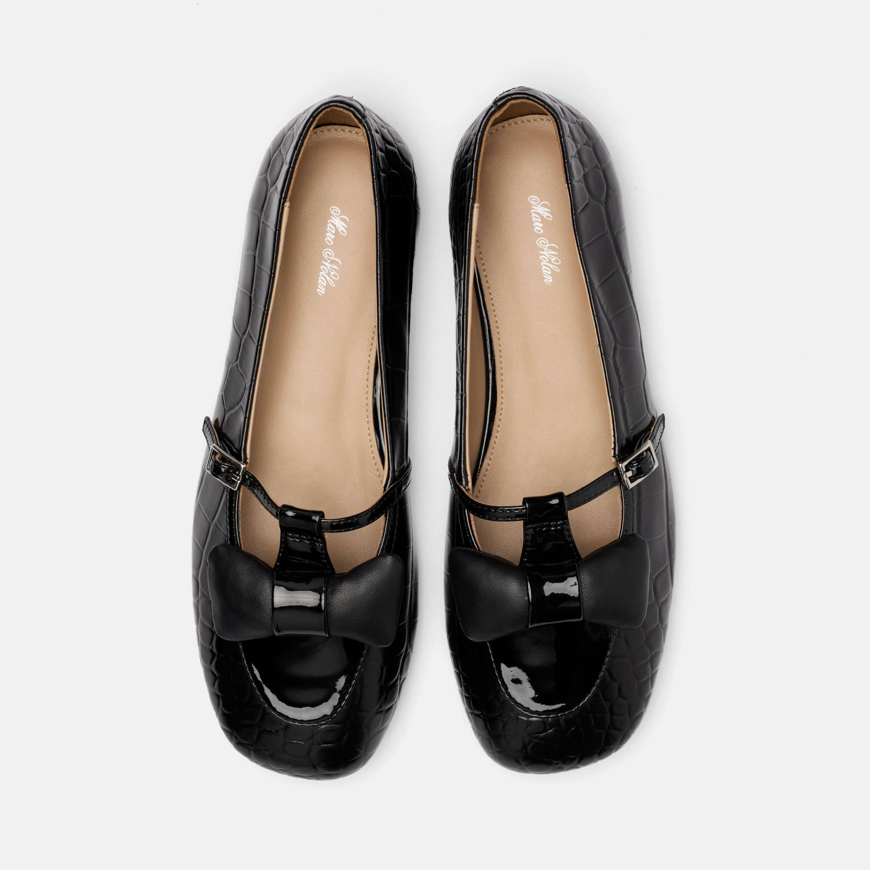 Mina Black Croc Leather Mary Jane Flats