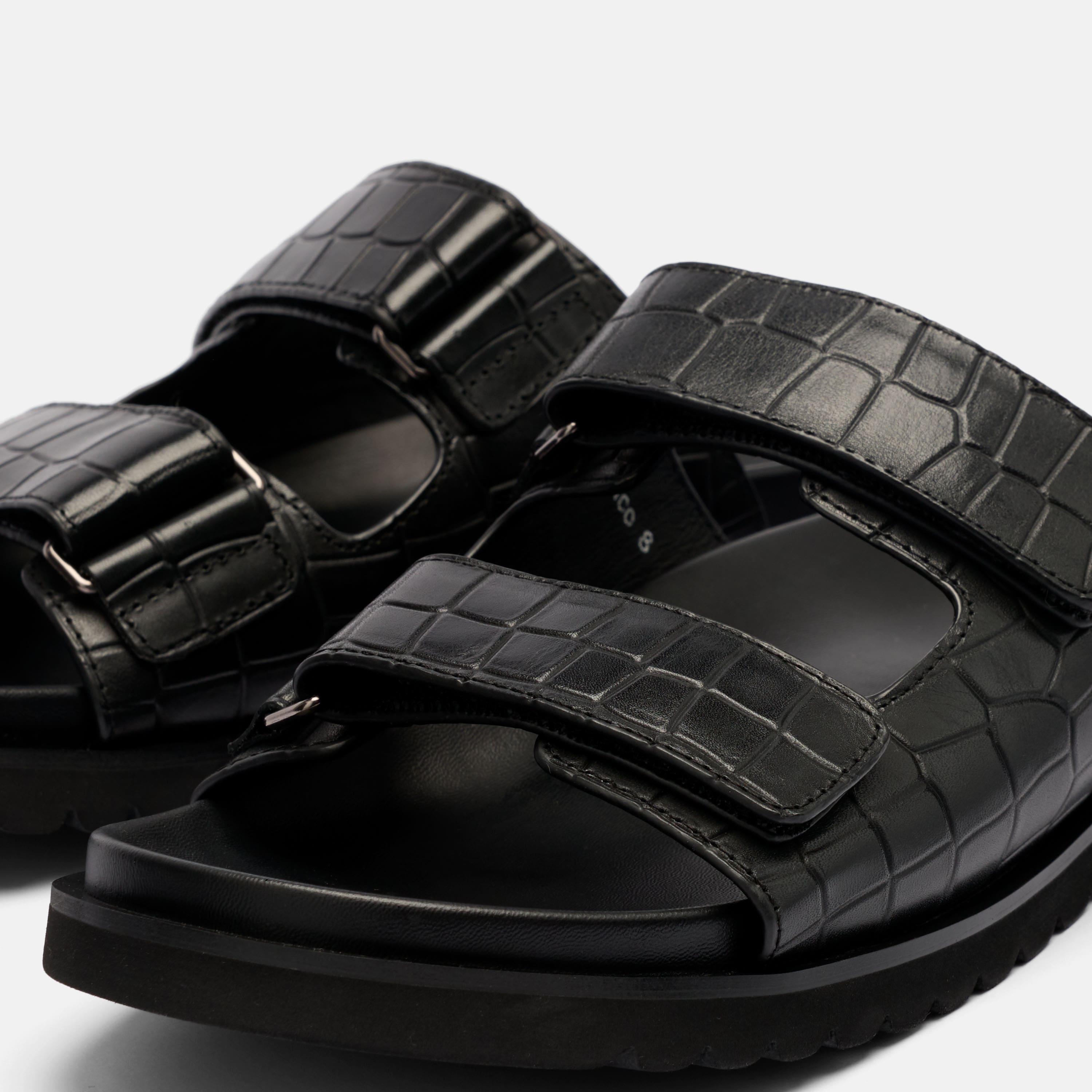 Monaco Black Crocskin Leather Strap Sandals
