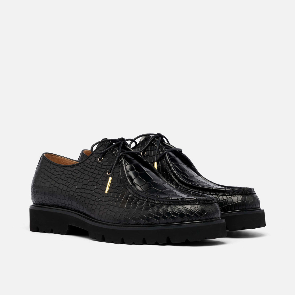 Montana Black Croc Leather Moc Toe Derbys
