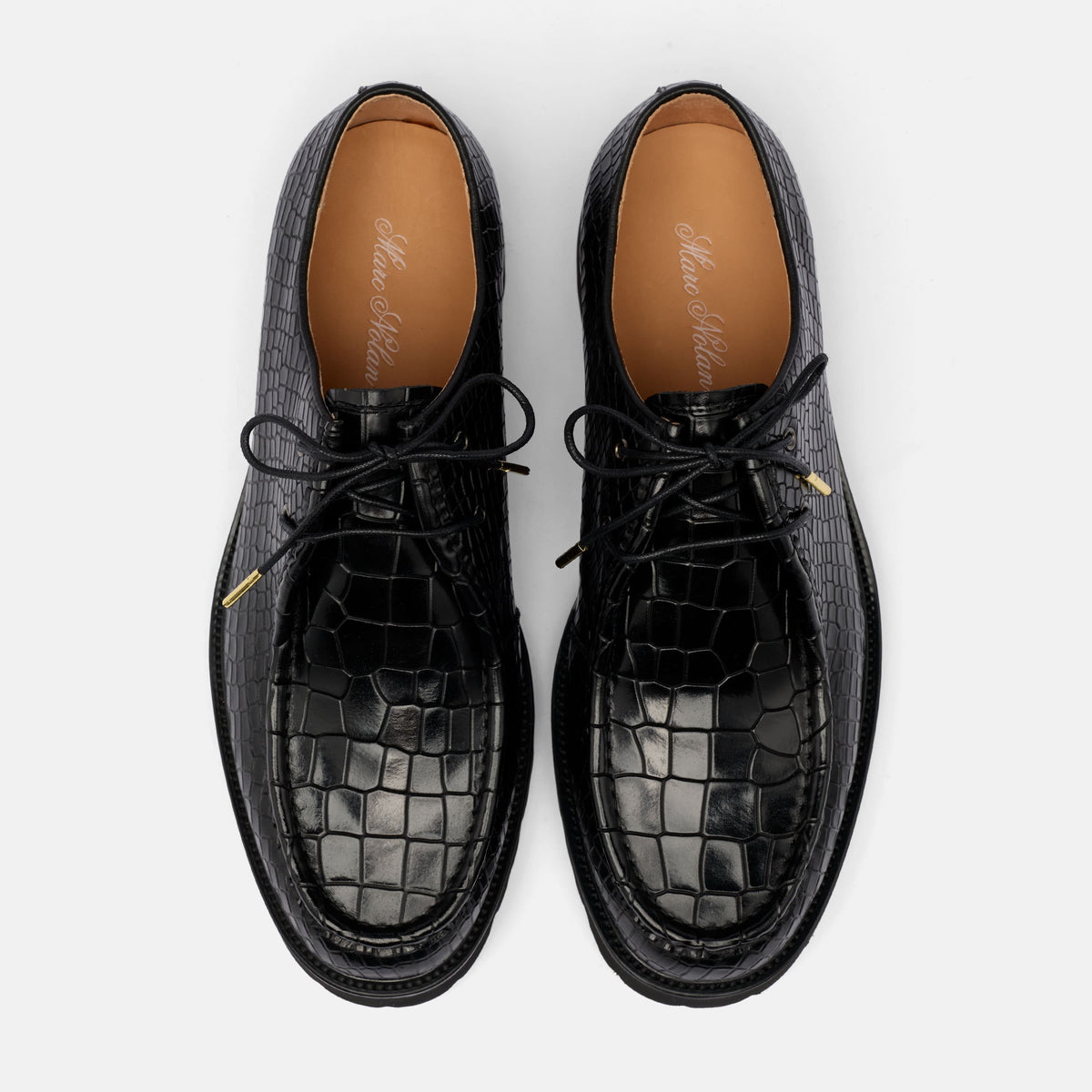 Montana Black Croc Leather Moc Toe Derbys