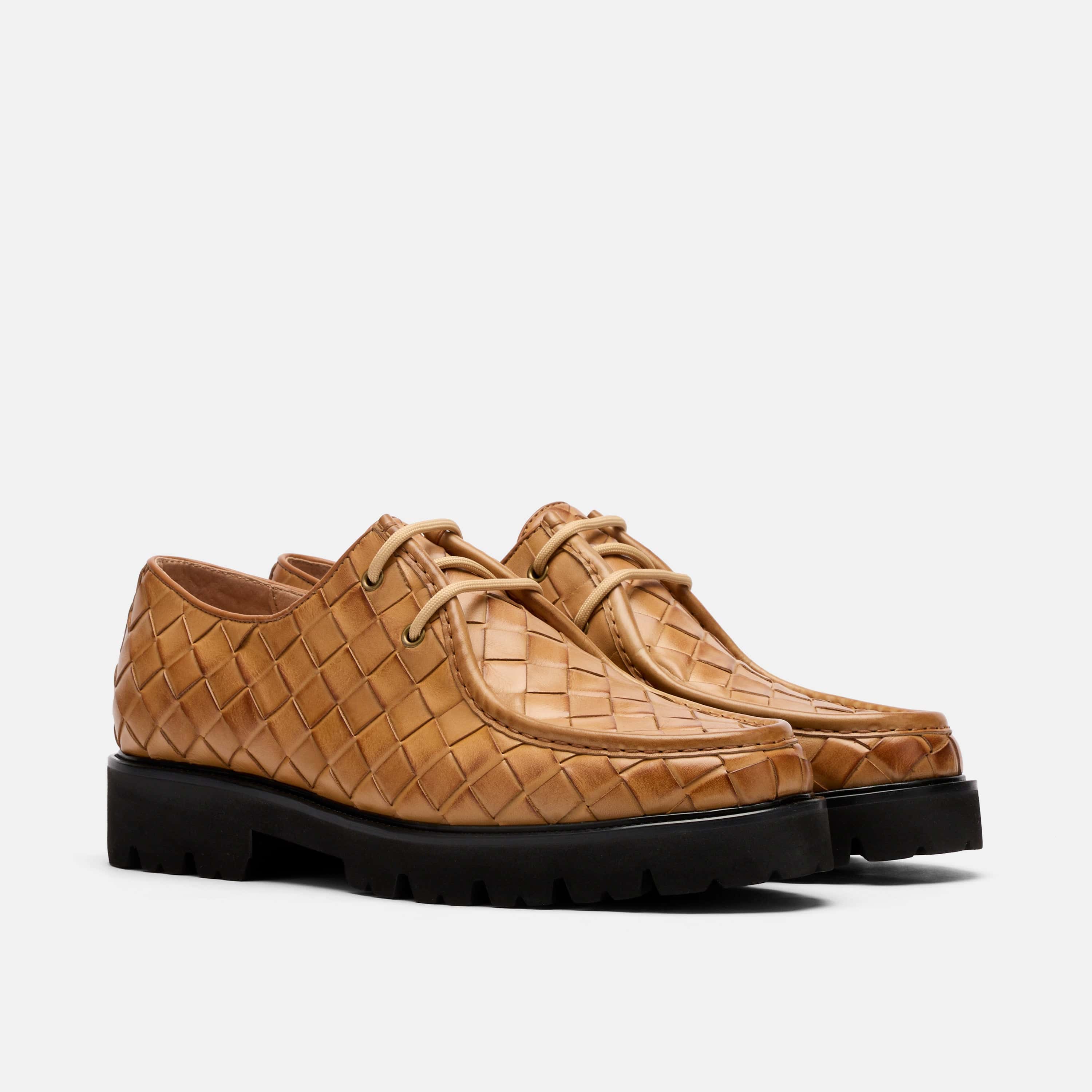 Montana Camel Woven Leather Moc Toe Derbys