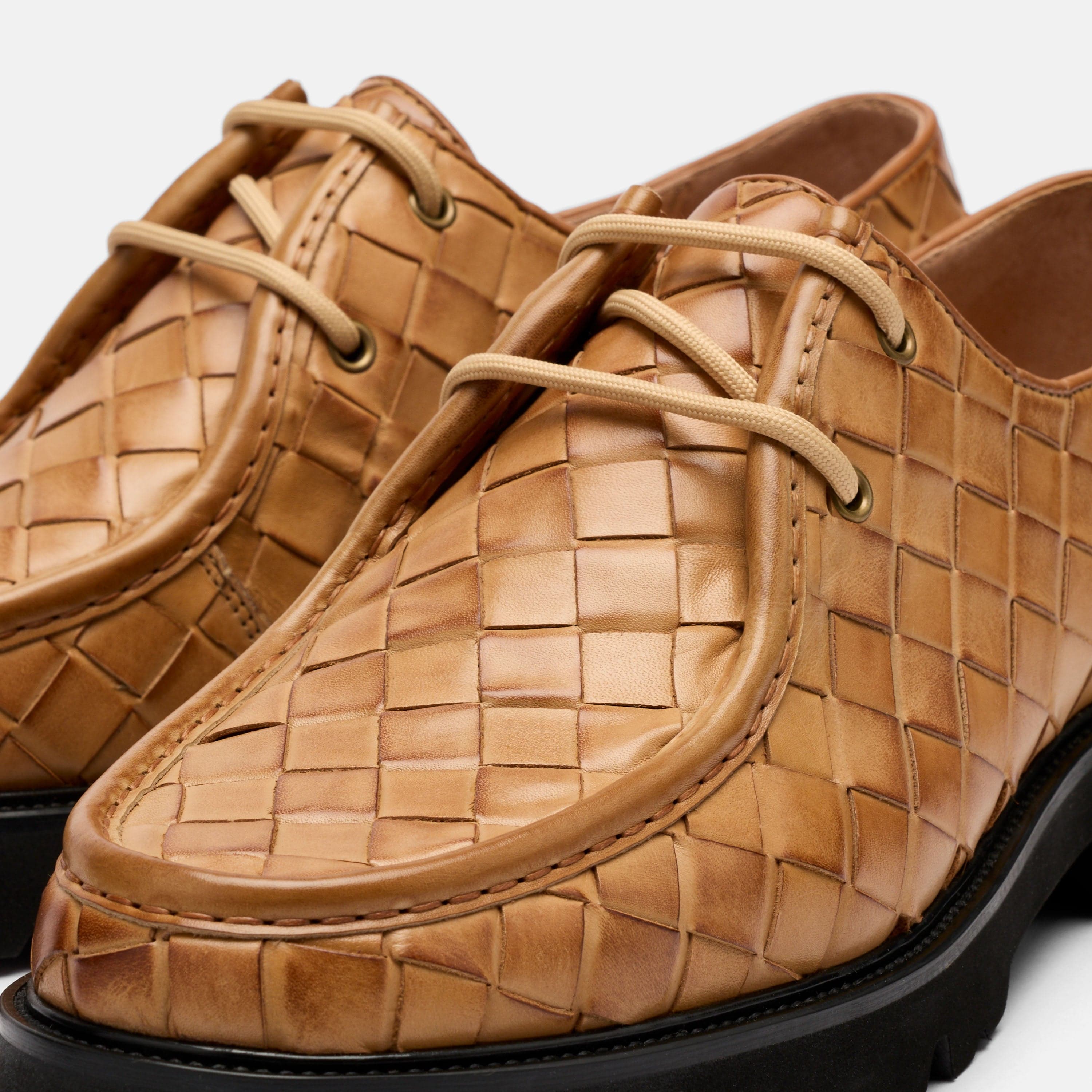 Montana Camel Woven Leather Moc Toe Derbys