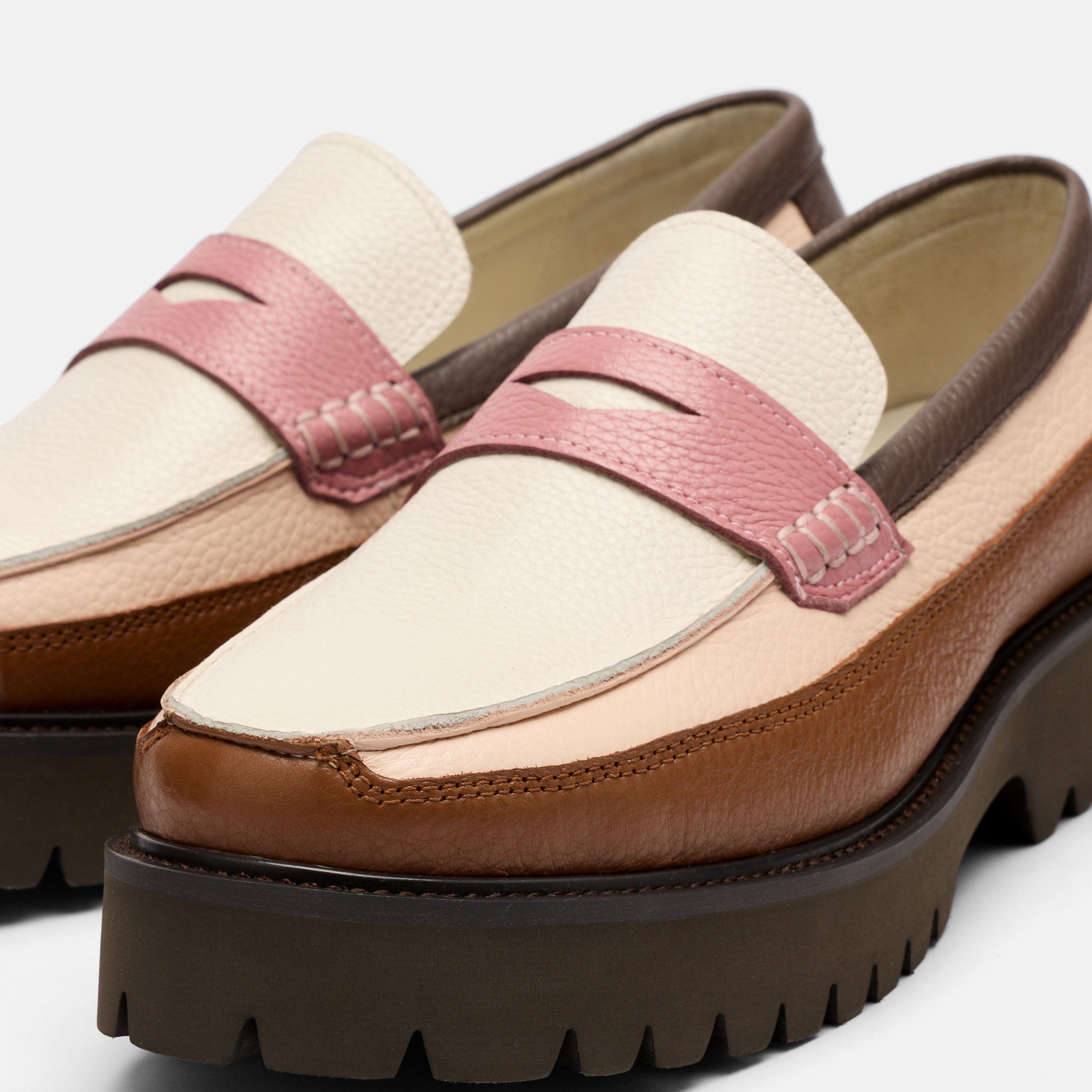 Ms. Adler Brown/Cream/Pink Colorblock Leather Lug Penny Loafers