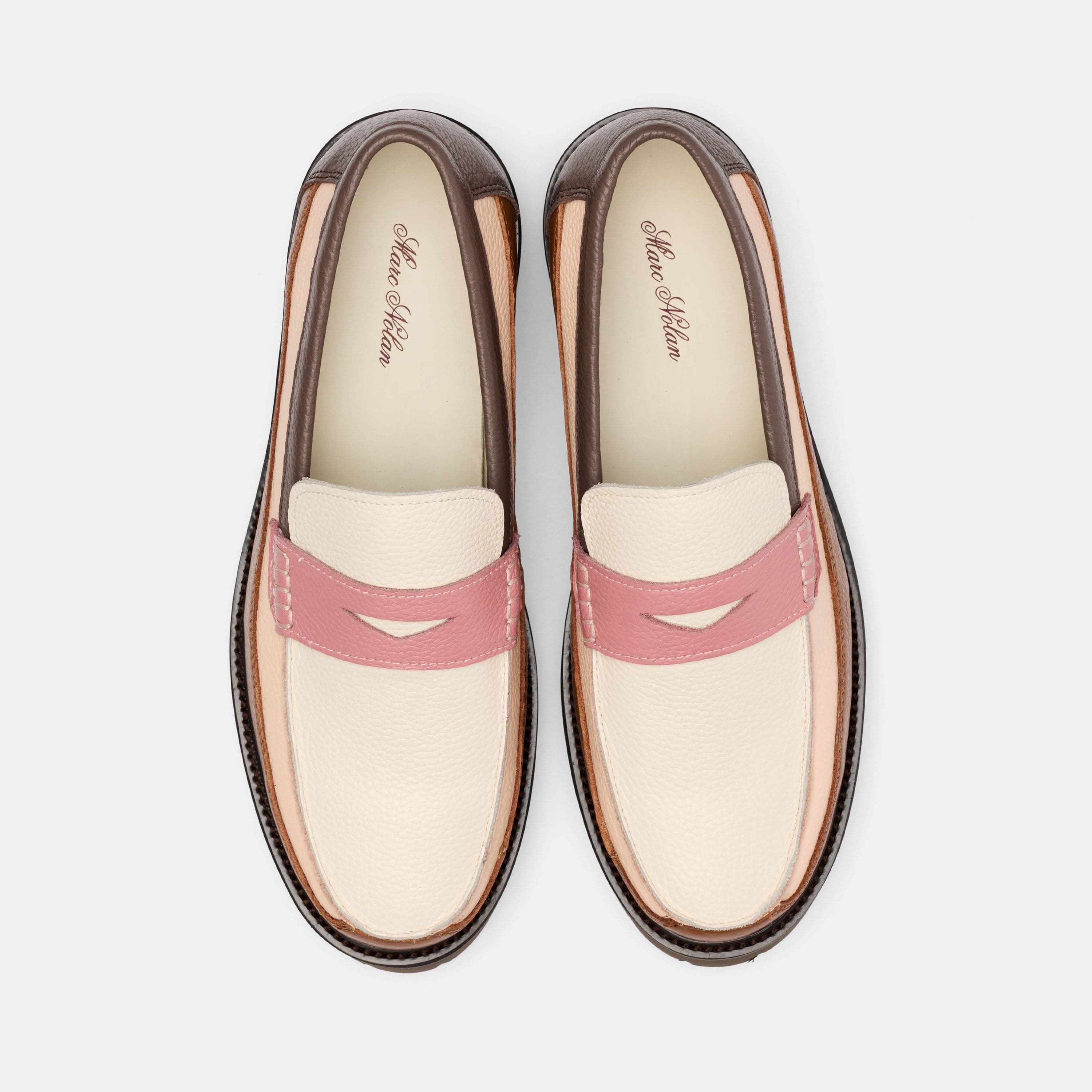 Ms. Adler Brown/Cream/Pink Colorblock Leather Lug Penny Loafers
