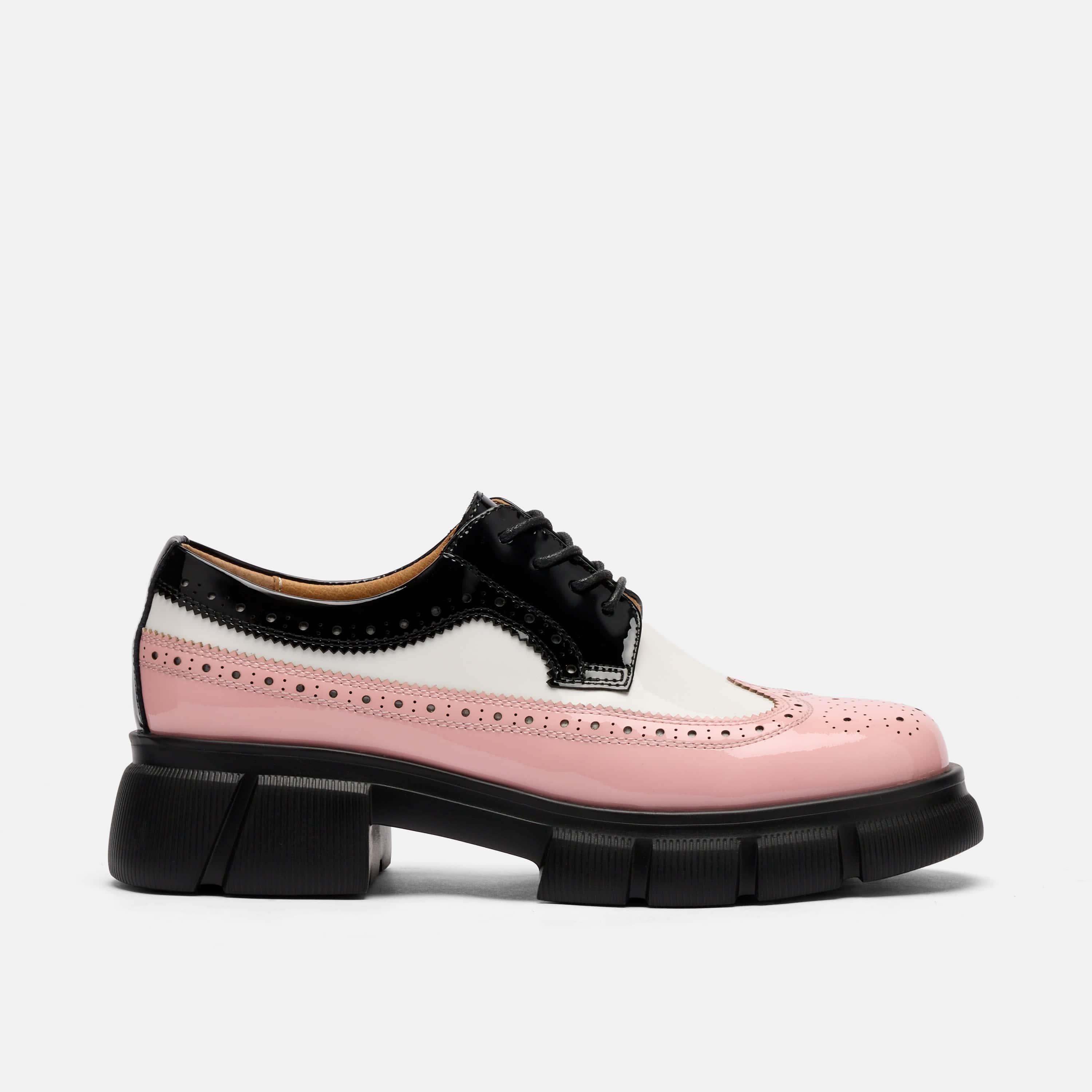 Ms. Alexander Black/White/Pink Patent Leather Lug Wingtip Derby