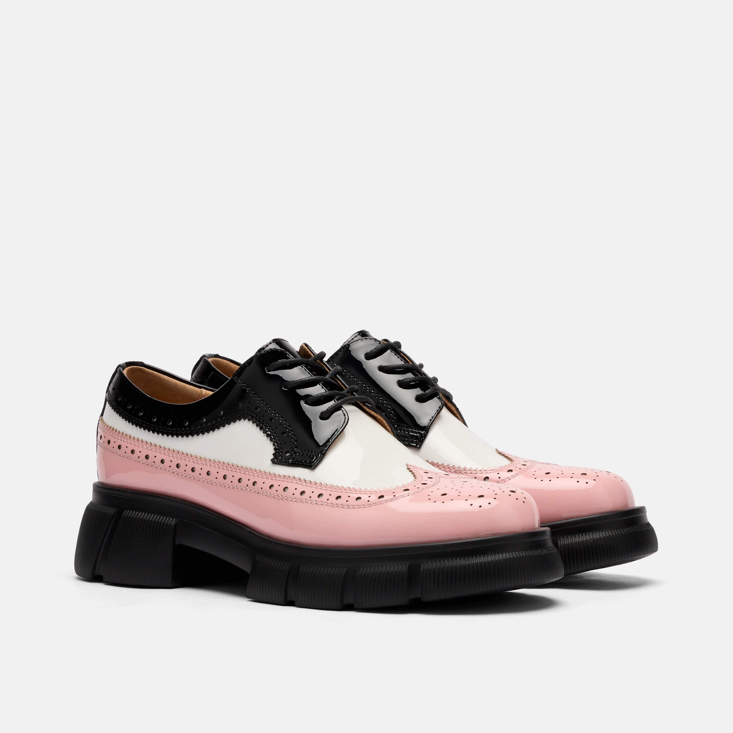 Ms. Alexander Black/White/Pink Patent Leather Lug Wingtip Derby
