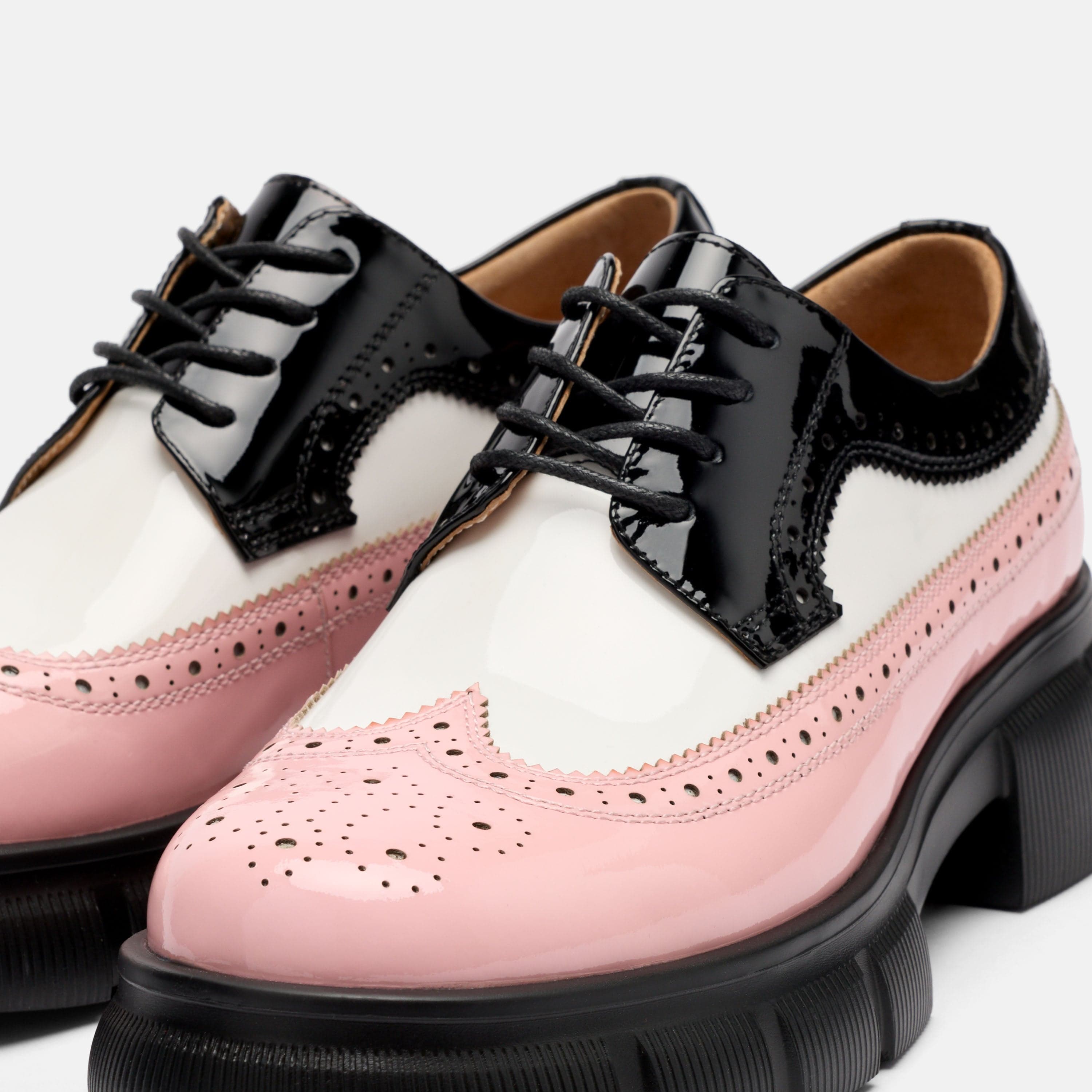 Ms. Alexander Black/White/Pink Patent Leather Lug Wingtip Derby