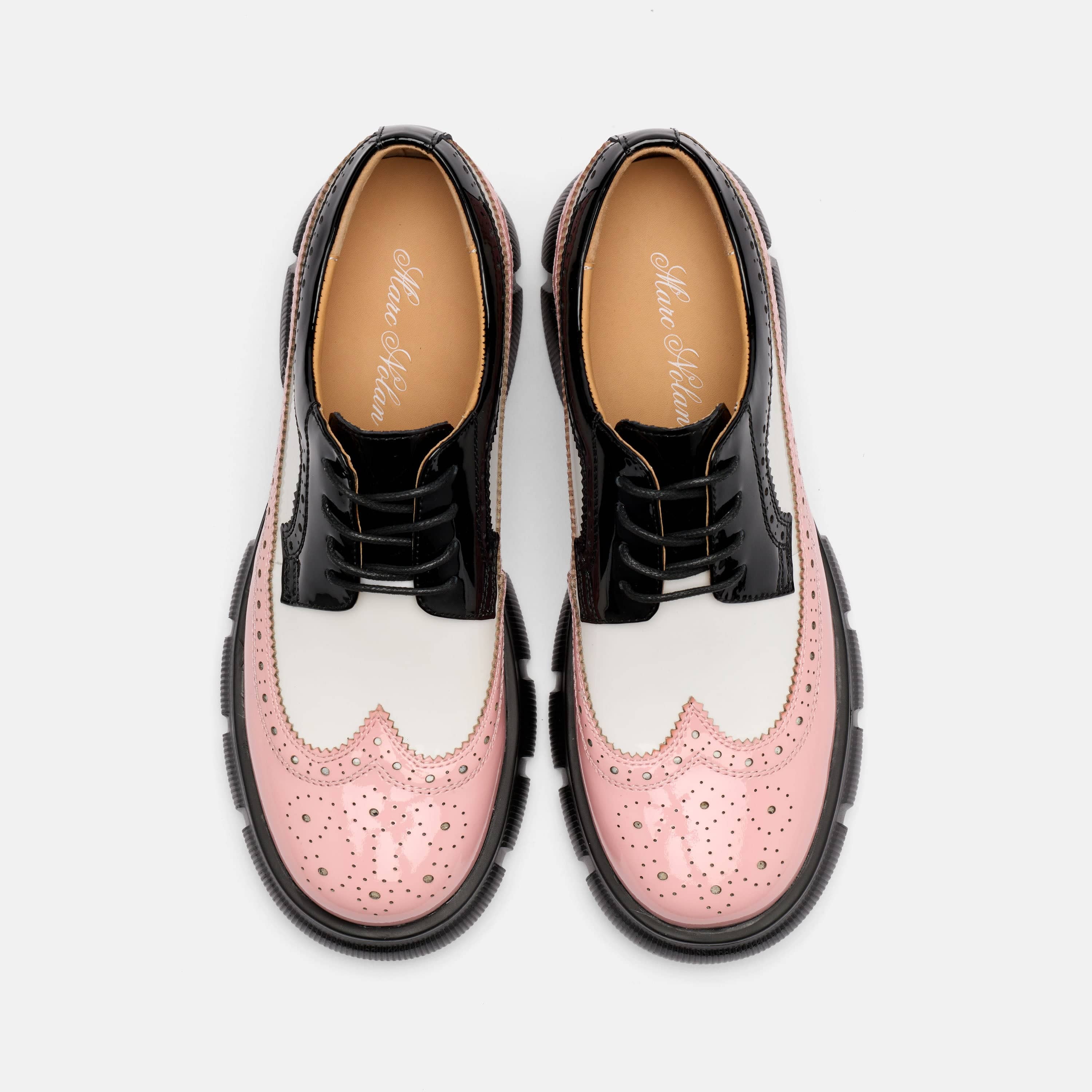 Ms. Alexander Black/White/Pink Patent Leather Lug Wingtip Derby