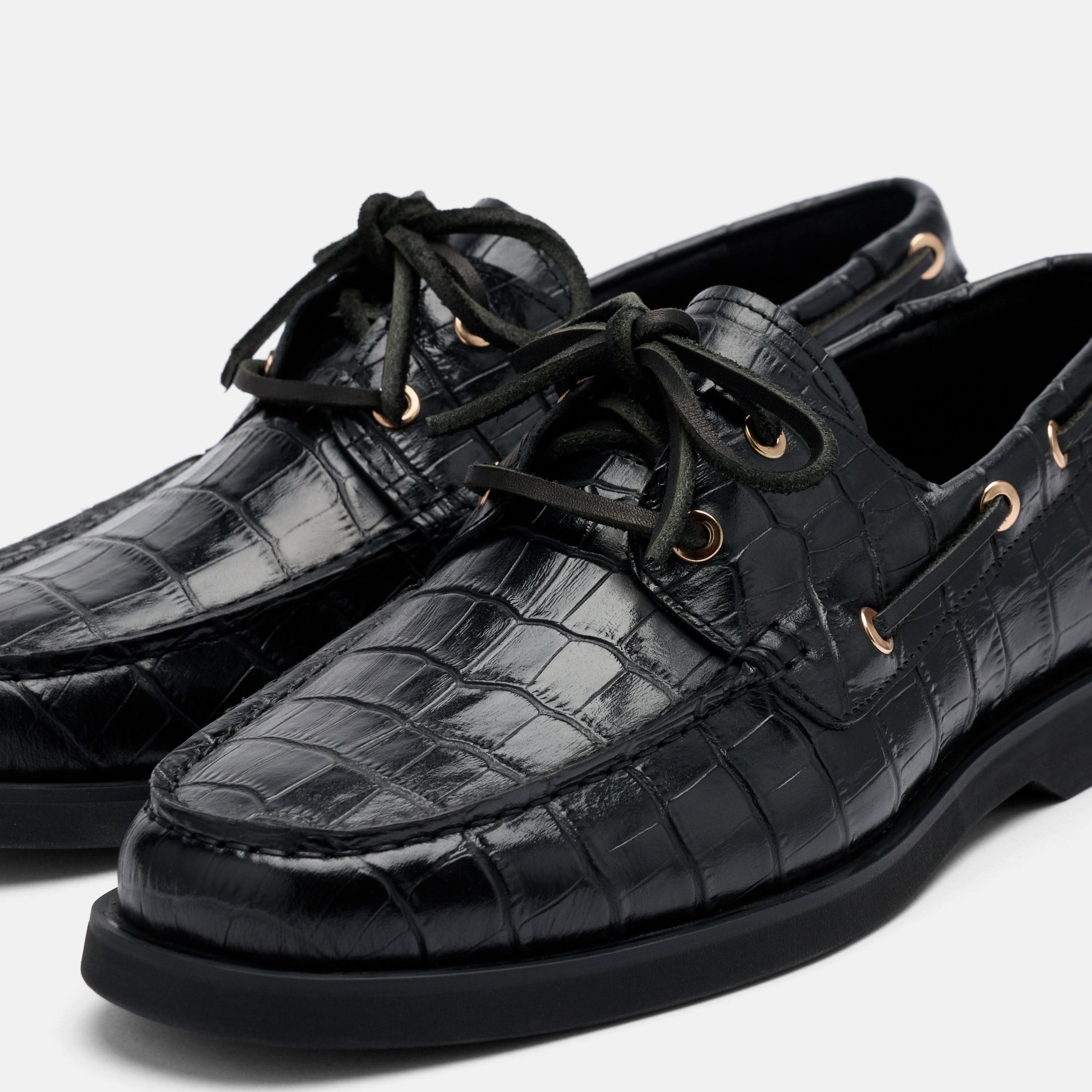 Ms. Capri Black Croc Leather Boat Shoes