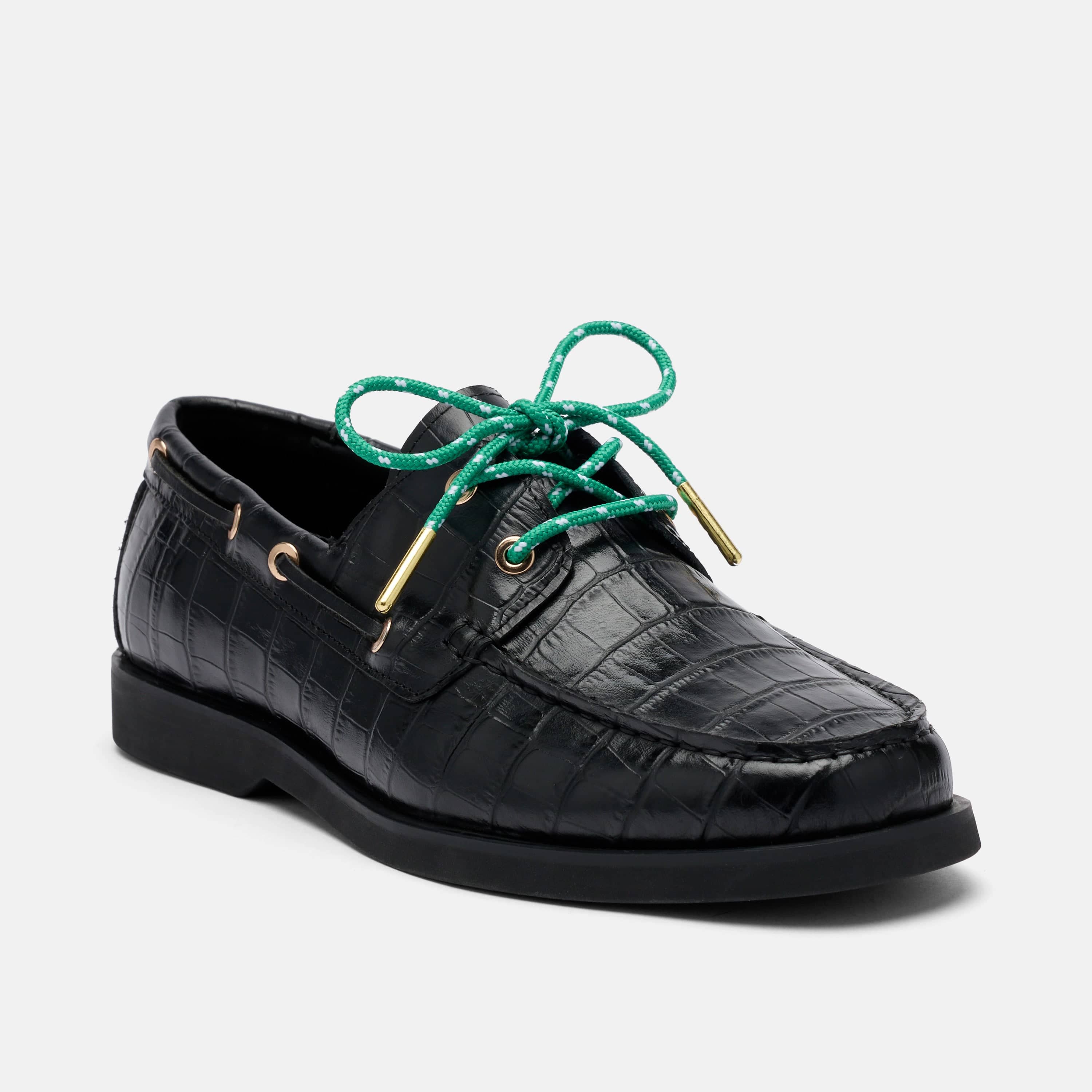 Ms. Capri Black Croc Leather Boat Shoes