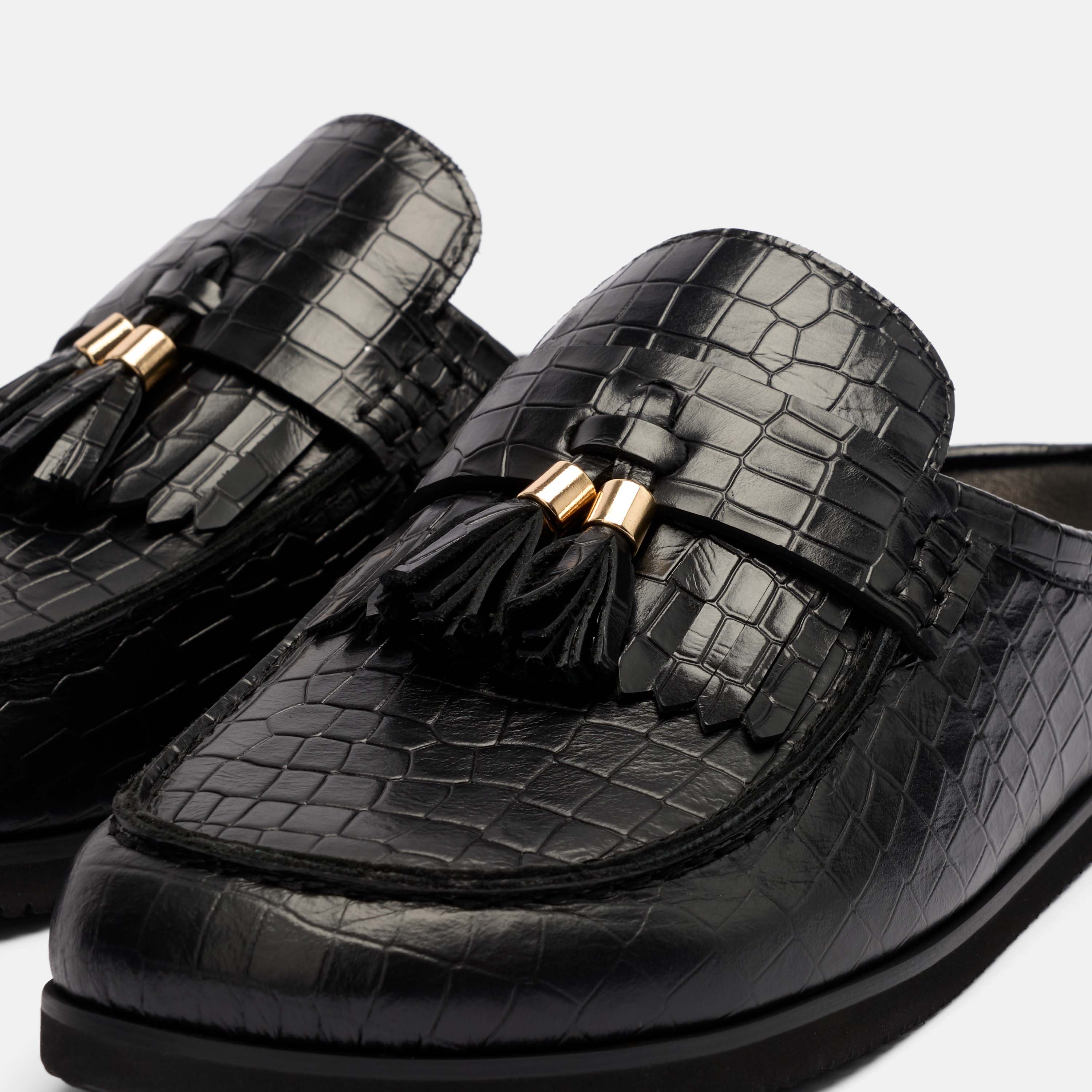 Ms. Hampton Black Crocskin Leather Tassel Mules