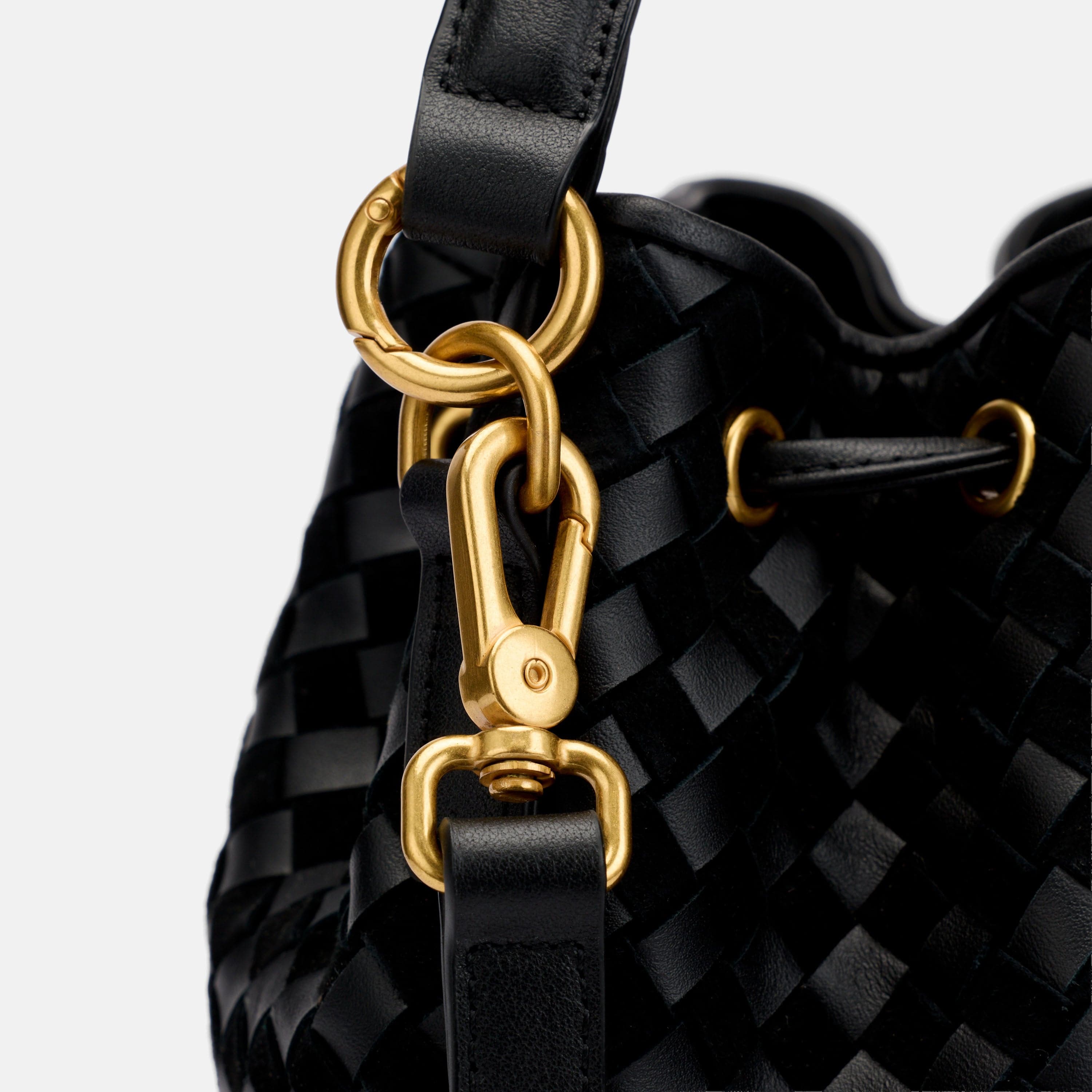 Nora Black Woven Leather Bucket Bag