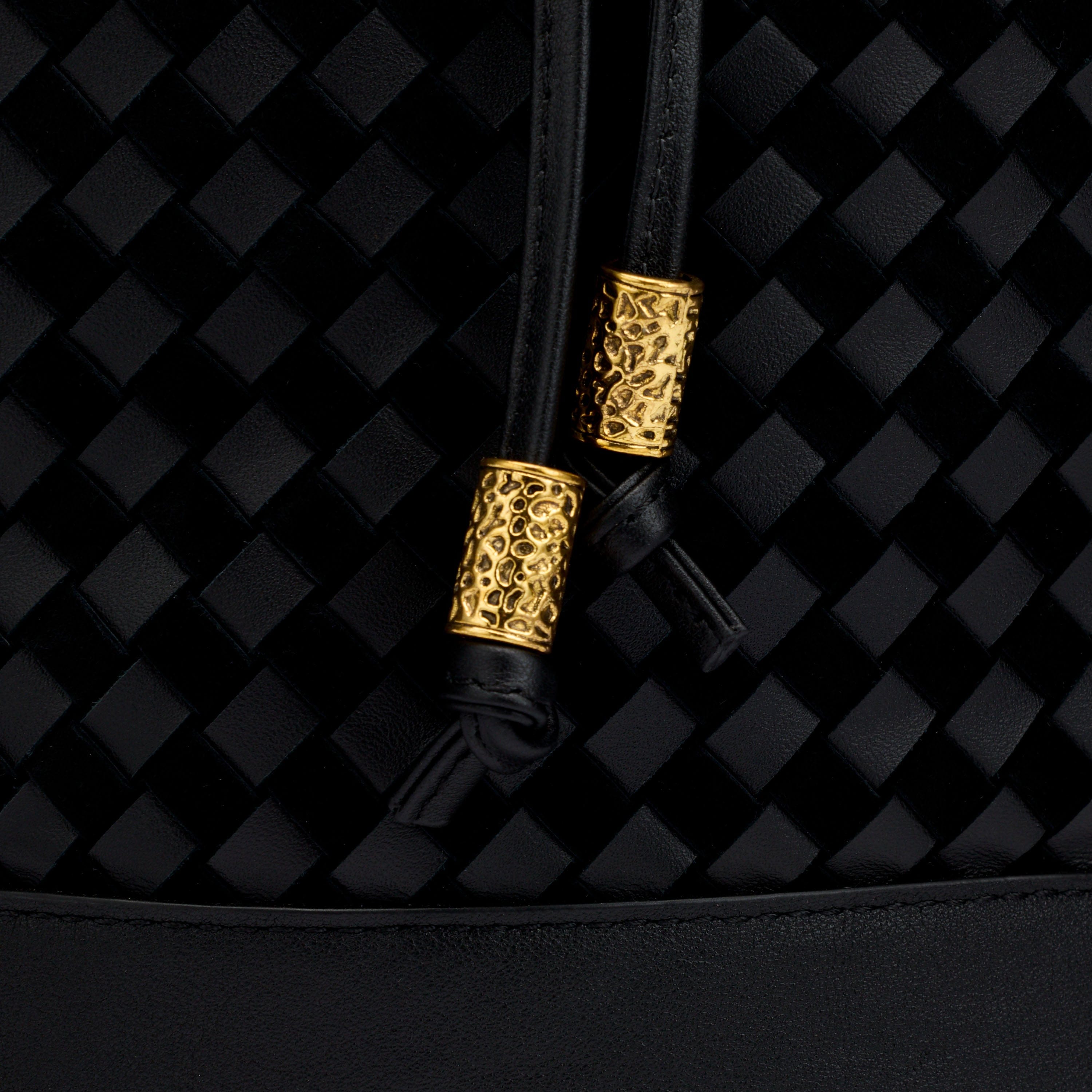 Nora Black Woven Leather Bucket Bag
