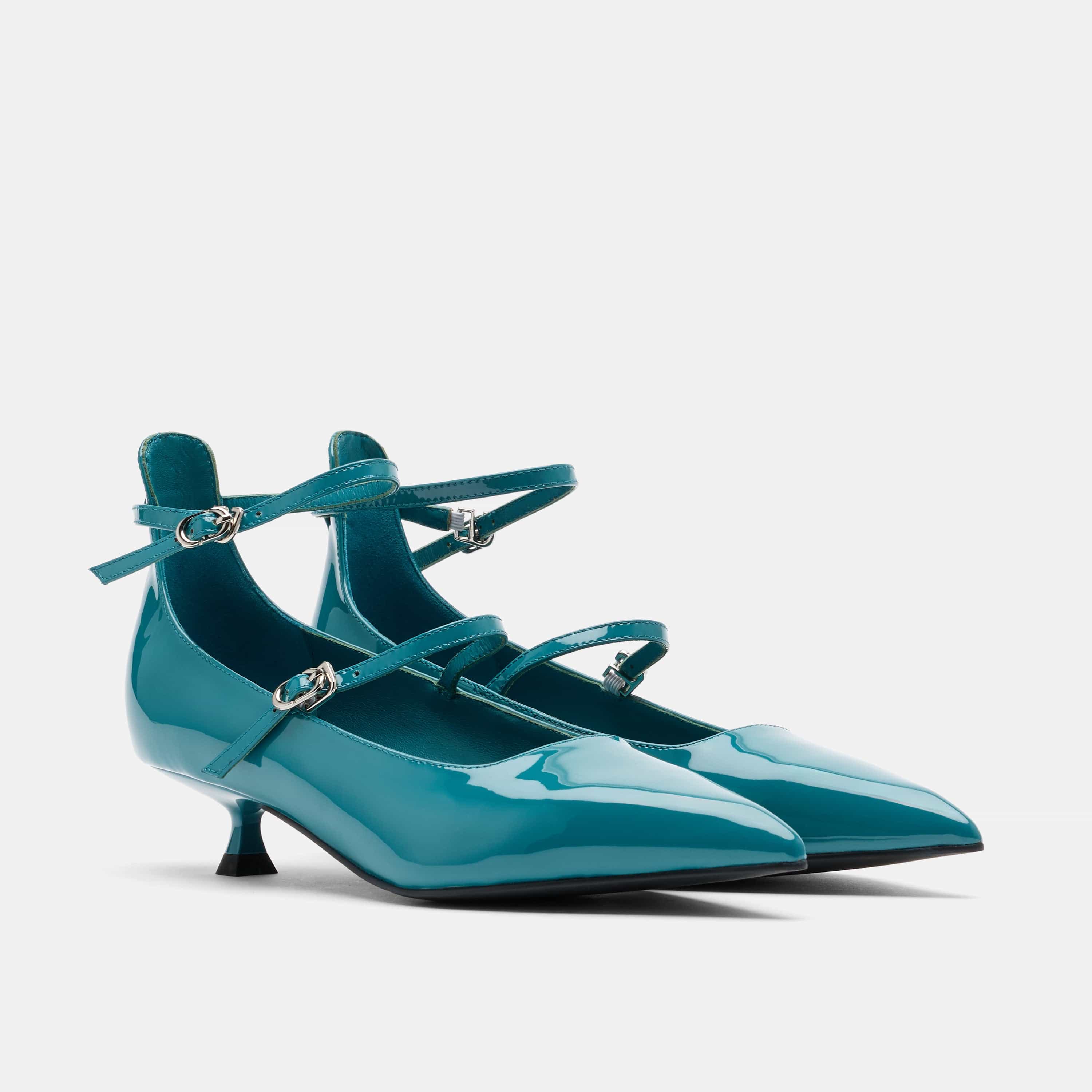 Paige Transformative Teal Patent Leather Kitten Heels