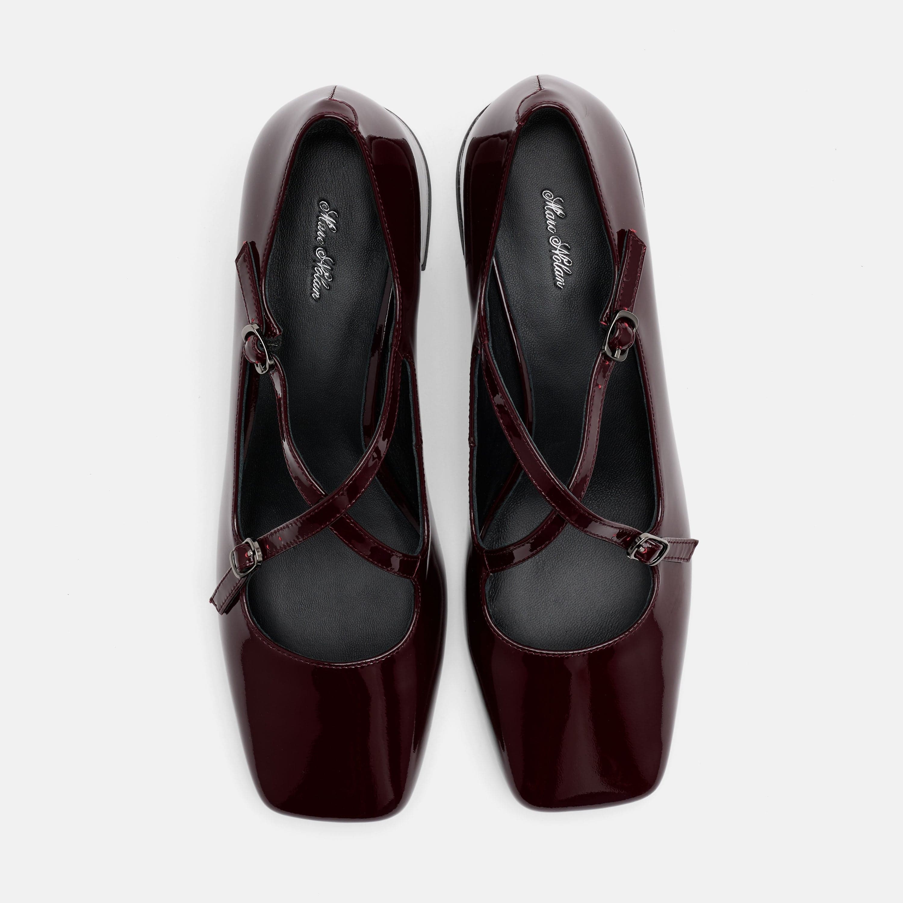 Ruby Burgundy Patent Leather Mary Jane Block Heels