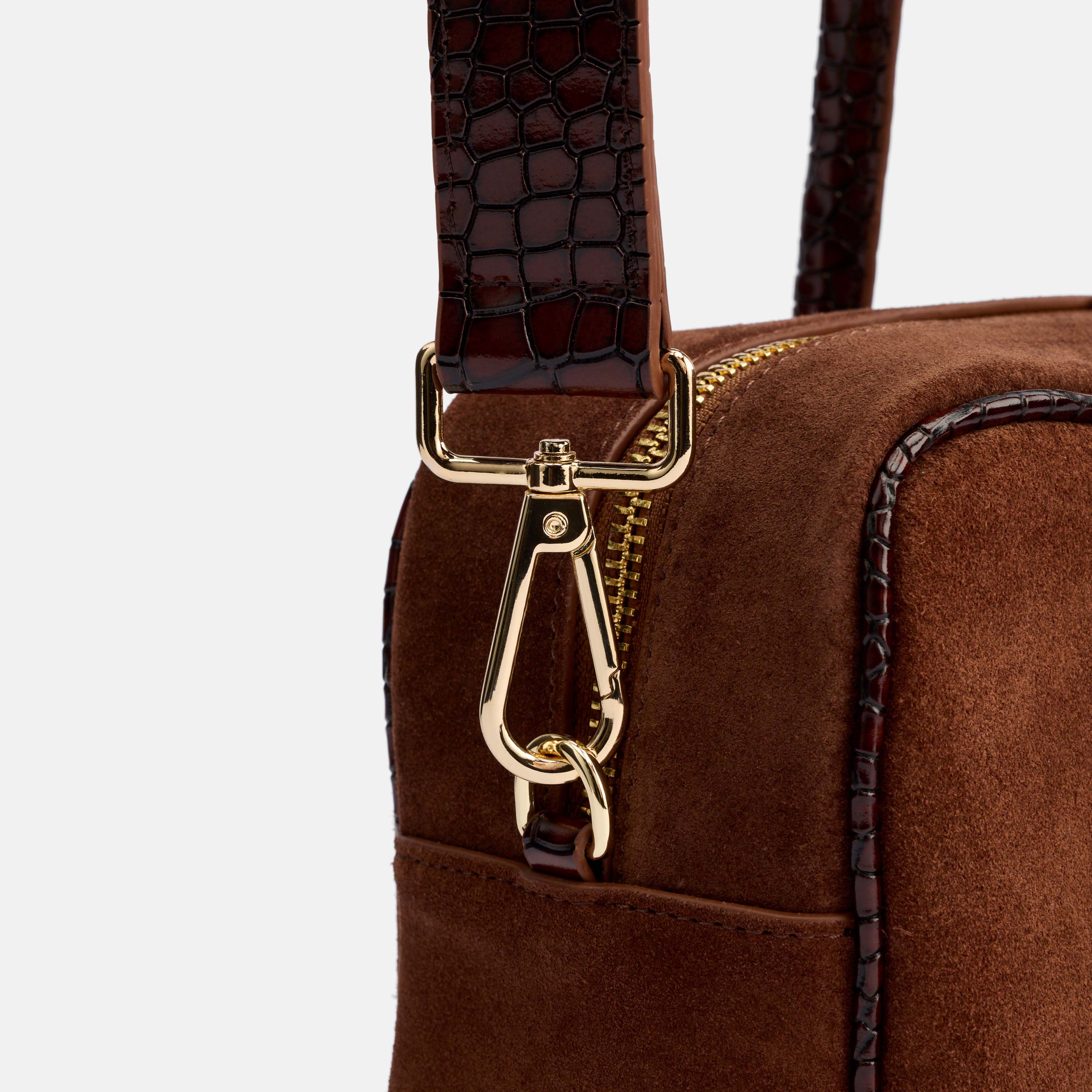 Serena Horsebit Shoulder Bag - Brown Suede & Croc Leather