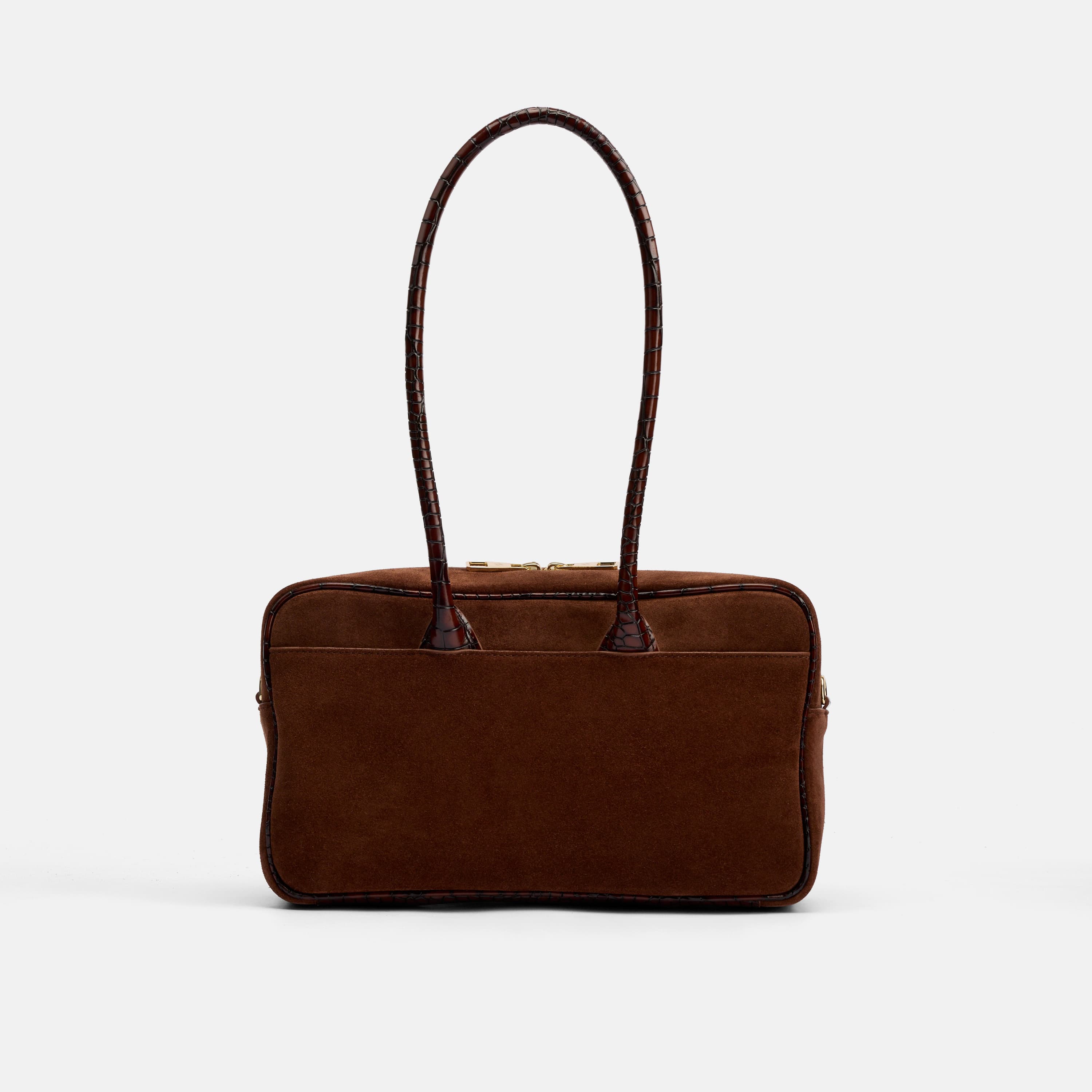 Serena Horsebit Shoulder Bag - Brown Suede & Croc Leather