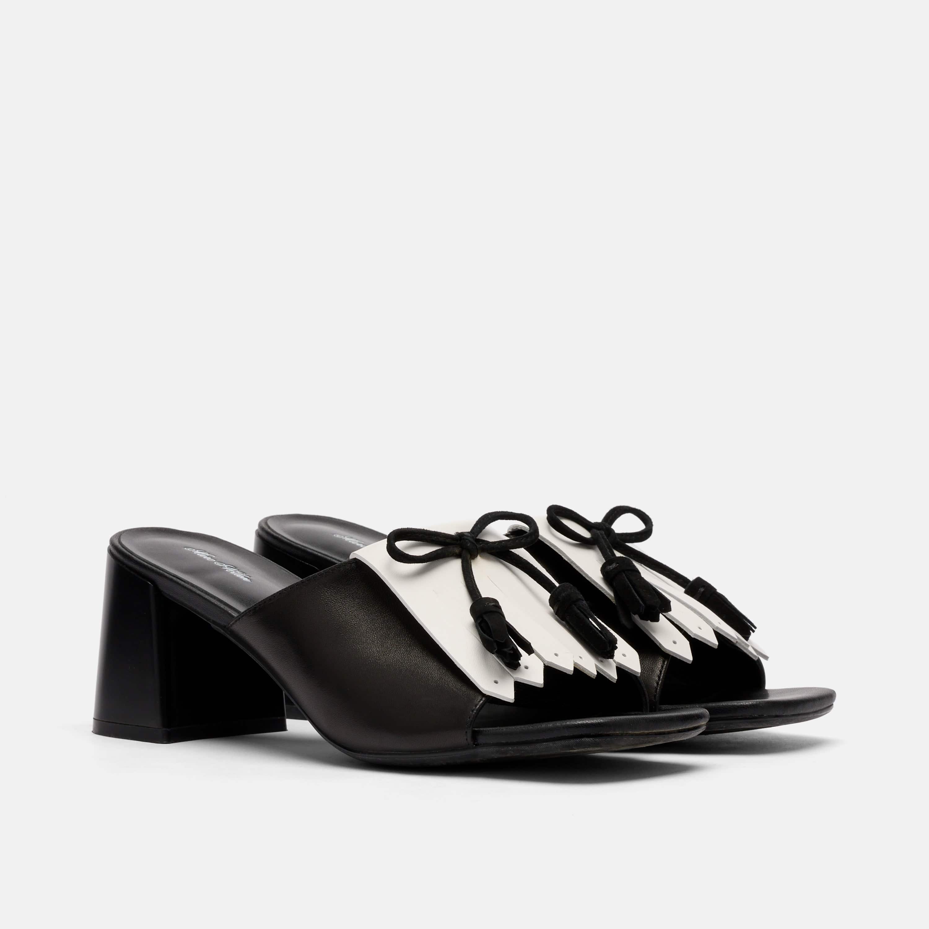 Sienna Black/White Leather Tassel Block Pumps