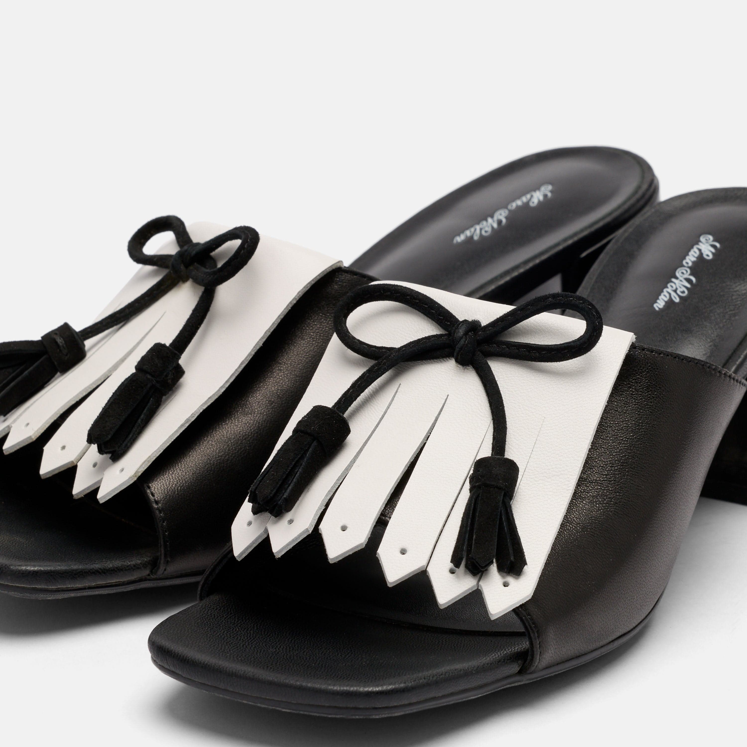 Sienna Black/White Leather Tassel Block Pumps